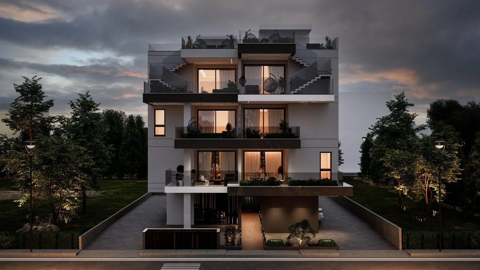 Modern multi-story residential building at dusk with balconies, glass railings, and outdoor lighting surrounded by trees and street lamps. Greece, Investment, Golden Visa, Real Estate, Cyprus, Georgia, Lebanon, LPI.