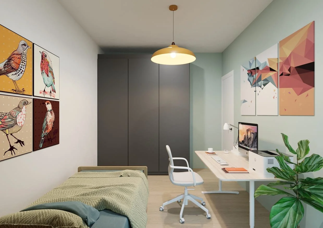 A modern bedroom and workspace with a bed, a desk with a computer, art on the walls, and a large green plant.