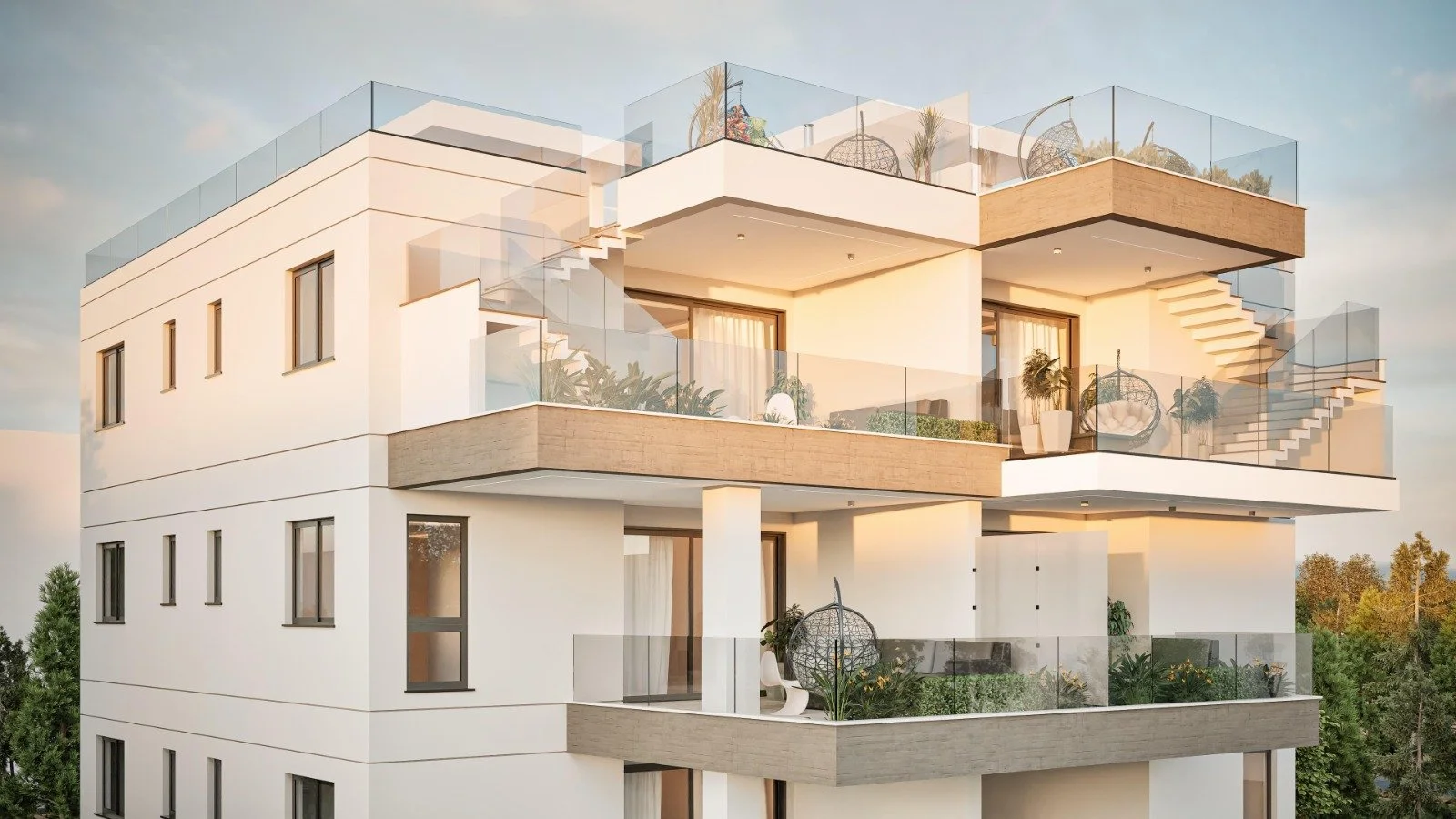 Modern white apartment building with glass balconies, outdoor stairs, and potted plants, set against a partly cloudy sky. Greece, Investment, Golden Visa, Real Estate, Cyprus, Georgia, Lebanon, LPI, Athens.