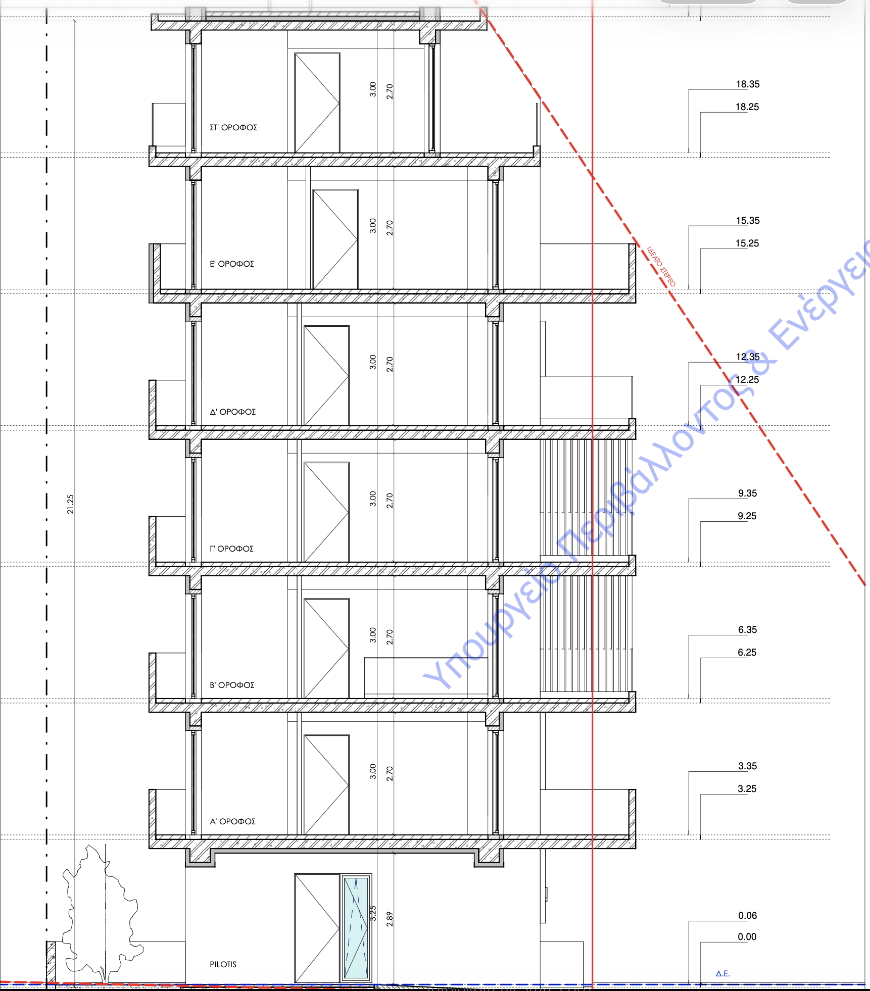 Architectural drawing of a multi-story building with measurements, thresholds, and a balcony, including a labelled pilotis and a glass railing on the lowest floor.