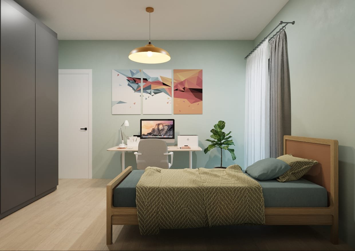 A bedroom with a bed, a desk with a chair, and a wardrobe. The bed has a blanket and pillows, and there is a plant next to it. The wall behind has three abstract paintings, and a window with curtains. A pendant light hangs from the ceiling.