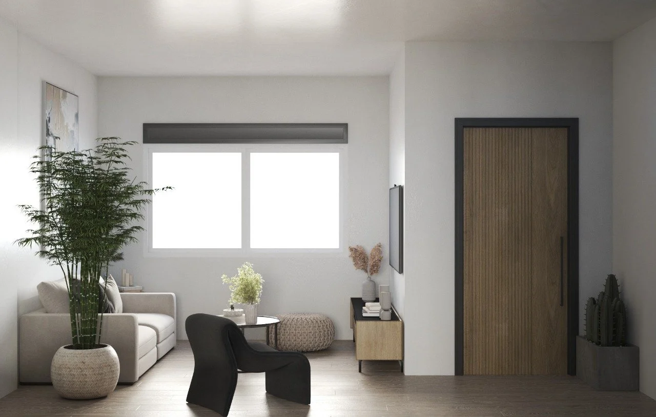 Living room with white walls, large window, sofa, black chair, small round table, potted plant, wall art, wooden door, and decorative vases.