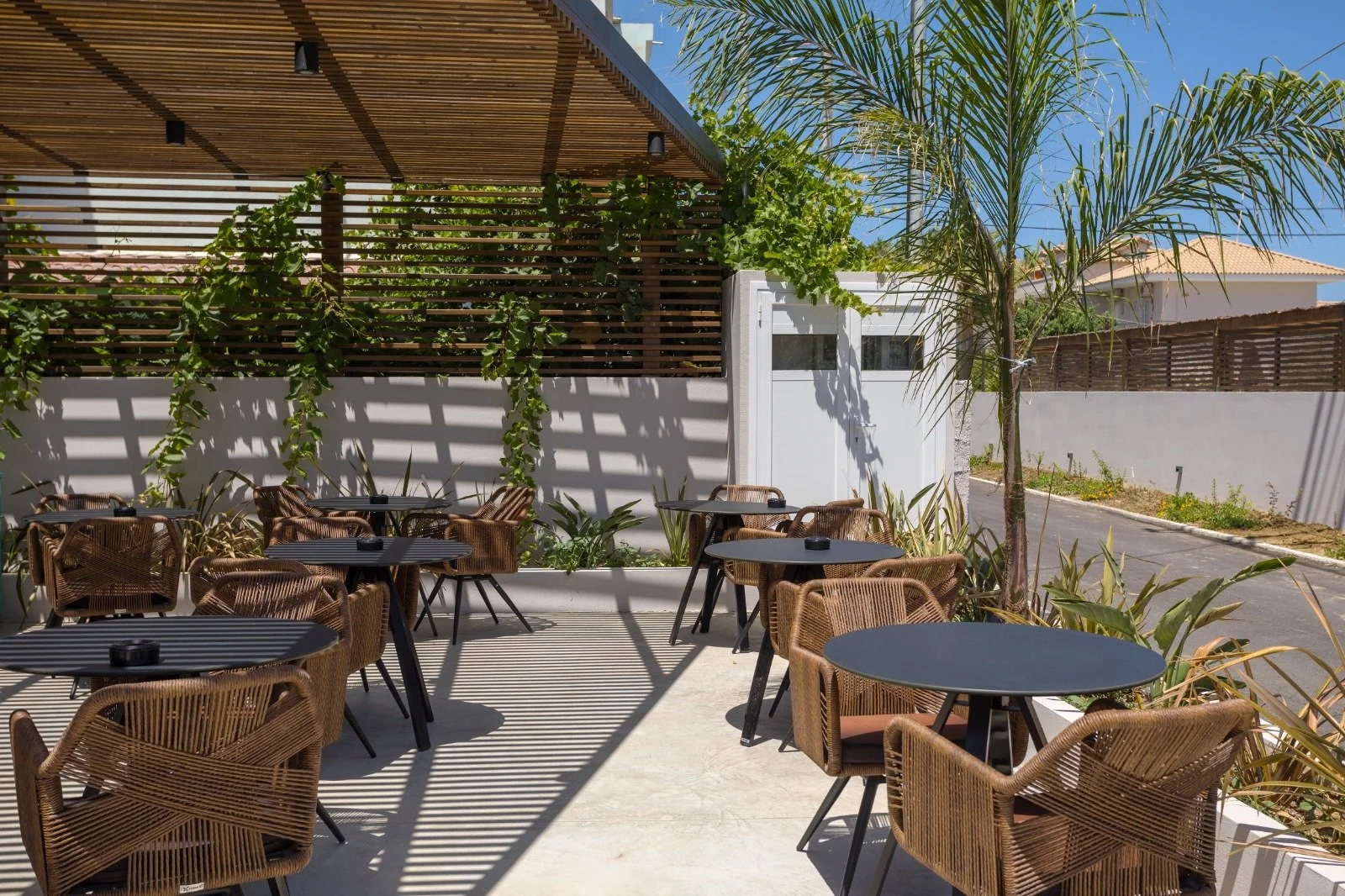 Outdoor patio with black round tables and wicker chairs, shaded by a wooden pergola, with a white wall, palm tree, and plants in the background under a clear blue sky.