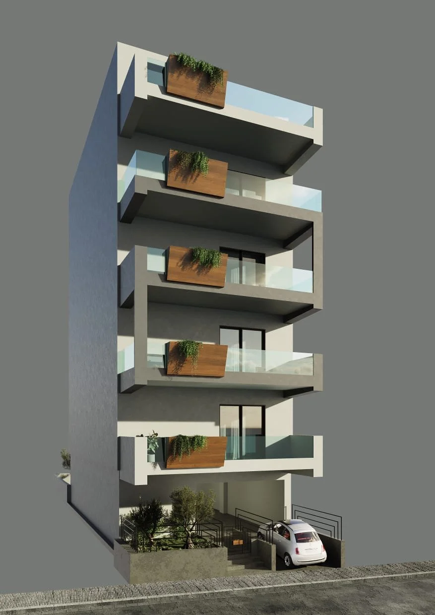 Modern multi-story residential building with balconies featuring wooden planters with greenery, and a garage with a parked car at the ground level.