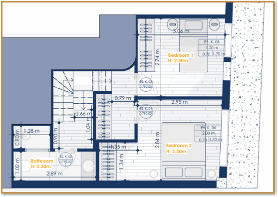 Floor plan of an apartment showing two bedrooms, a bathroom, and a staircase with measurements and labels. Greece, Investment, Golden Visa, Real Estate, Cyprus, Georgia, Lebanon, LPI, Athens.