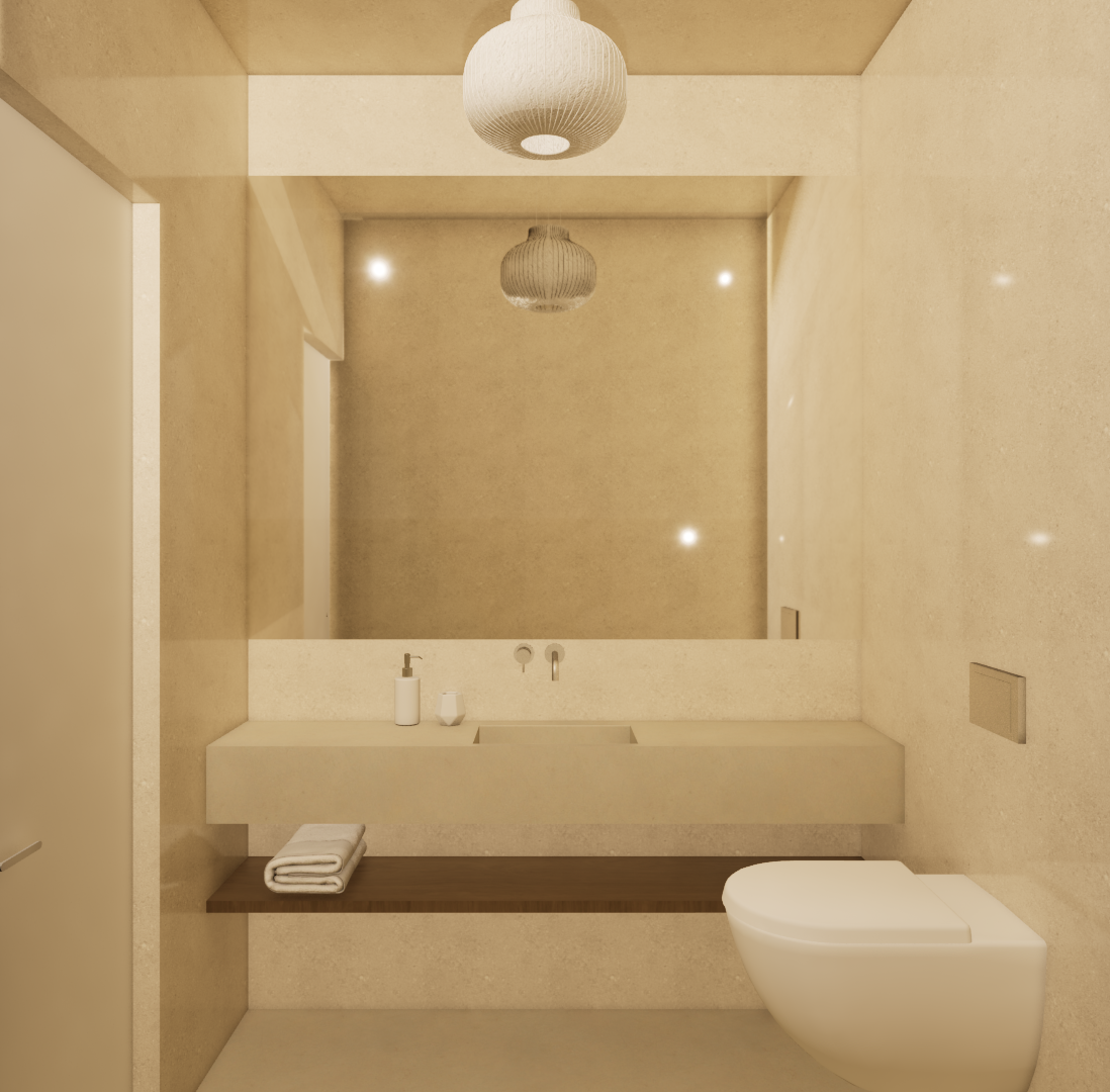 Modern minimalist bathroom with beige walls, large mirror, white sink, and wall-mounted toilet, illuminated by pendant lights.