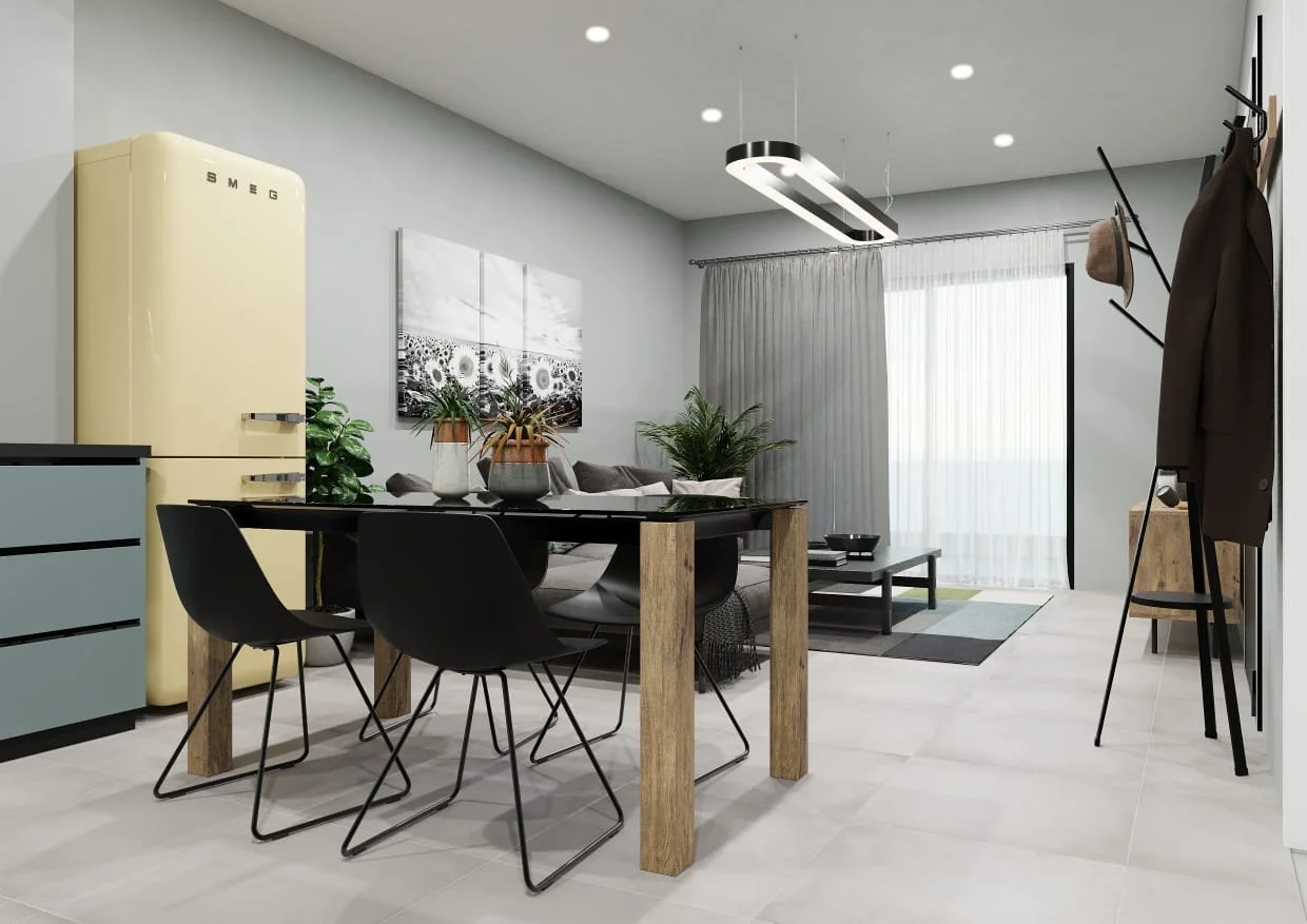 Modern open-plan living and dining room with a yellow vintage refrigerator, black dining table with chairs, gray sofa, plants, and large window with curtains.