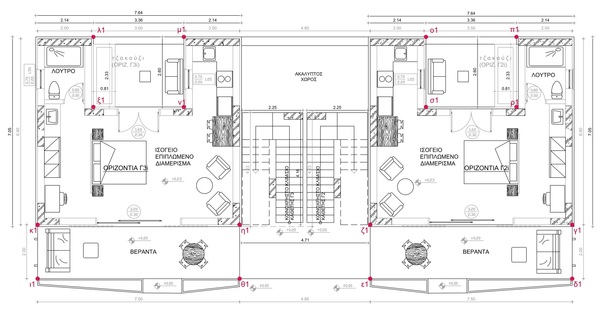 Architectural floor plan of a two-unit residential building, showing layout for living rooms, bedrooms, kitchens, bathrooms, balconies, and central staircase.