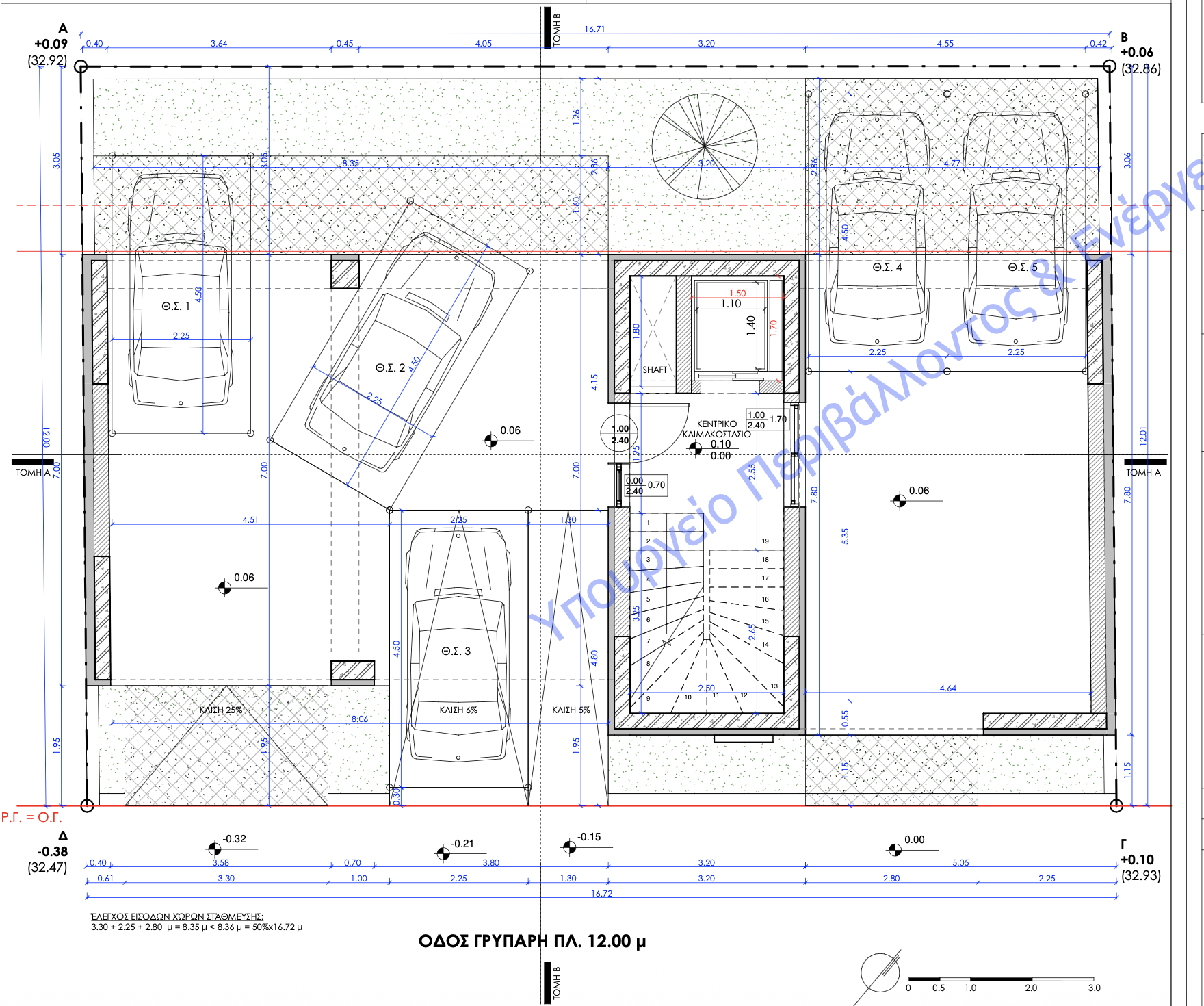 Architectural blueprint of a parking garage with marked parking spaces, stairs, and a central elevator.