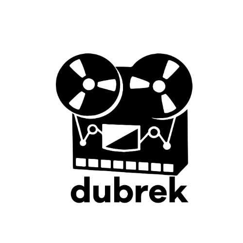 A black and white graphic of a vintage film projector with two reels on top, and the word "DubreK" written below.