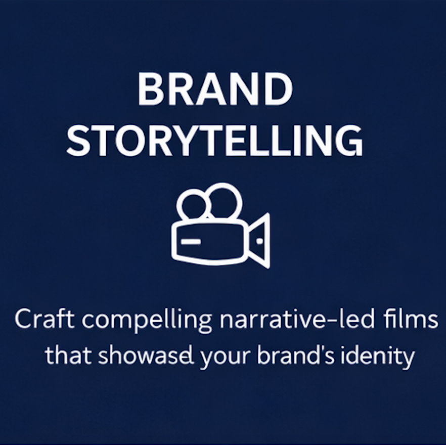 A promotional image with the title 'BRAND STORYTELLING' and a subtitle about creating narrative-led films that showcase a brand's identity, featuring an icon of a camera.