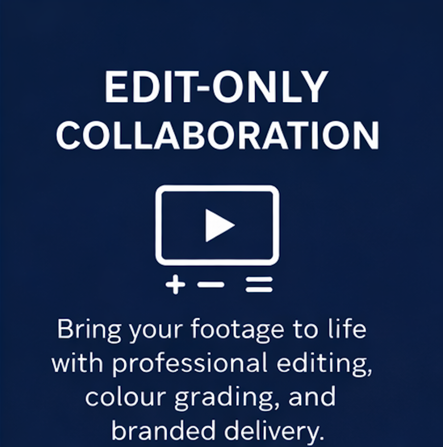 A promotional graphic for a professional video editing service with a dark blue background. It features a play button icon, plus, minus, and equals signs, and text promoting professional editing, color grading, and branded delivery for footage.