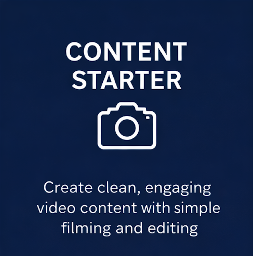 Blue background with white text that says 'Content Starter' and a camera icon. Below the icon, it reads 'Create clean, engaging video content with simple filming and editing.'