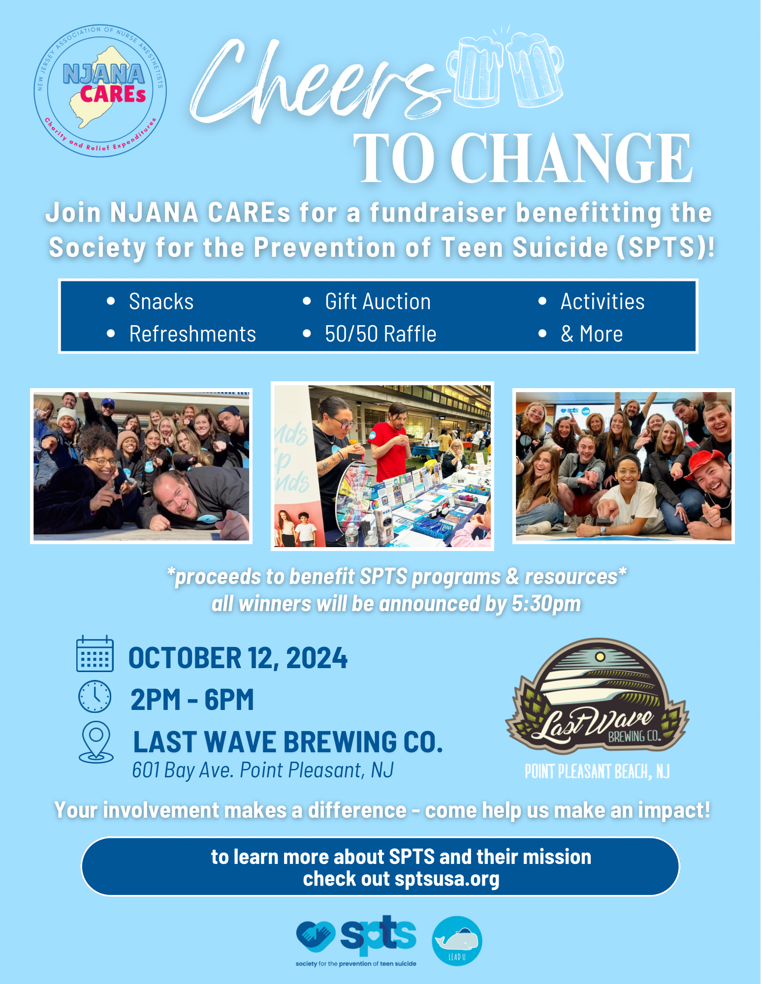 The “Cheers to Change” fundraiser poster from 2024, held at Last Wave Brewing Co., benefiting The Society for the Prevention of Teen Suicide.