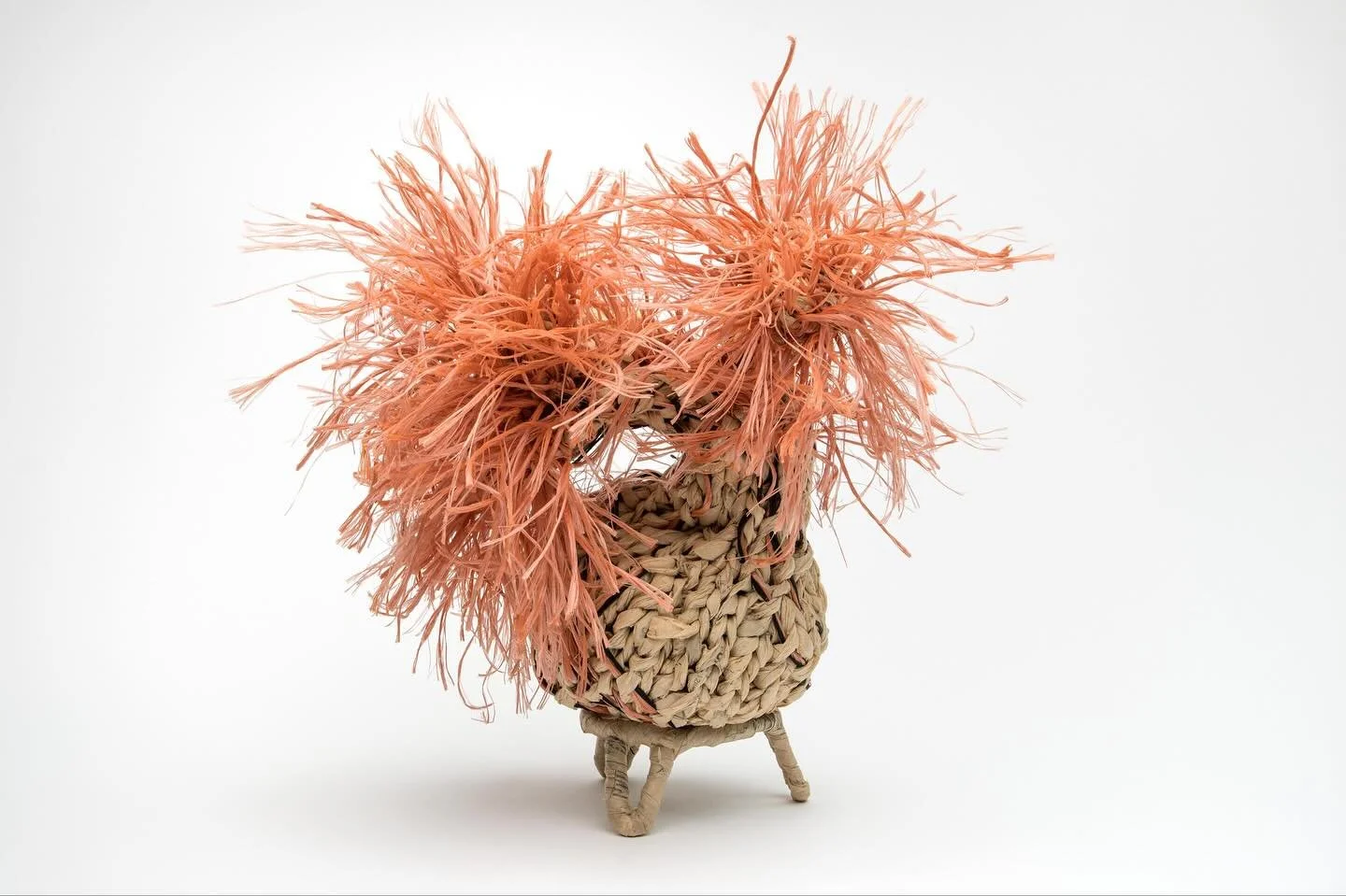 &ldquo;Gotta Dance&rdquo; 21&rdquo;H x19&rdquo;W x12&rdquo;D, finger knit factory discard dressmaker&rsquo;s pattern tissue, hooked salvaged mulch baling cords and stitched end use weaving mill factory fibers. Yes, I had to dance where I could-in my 