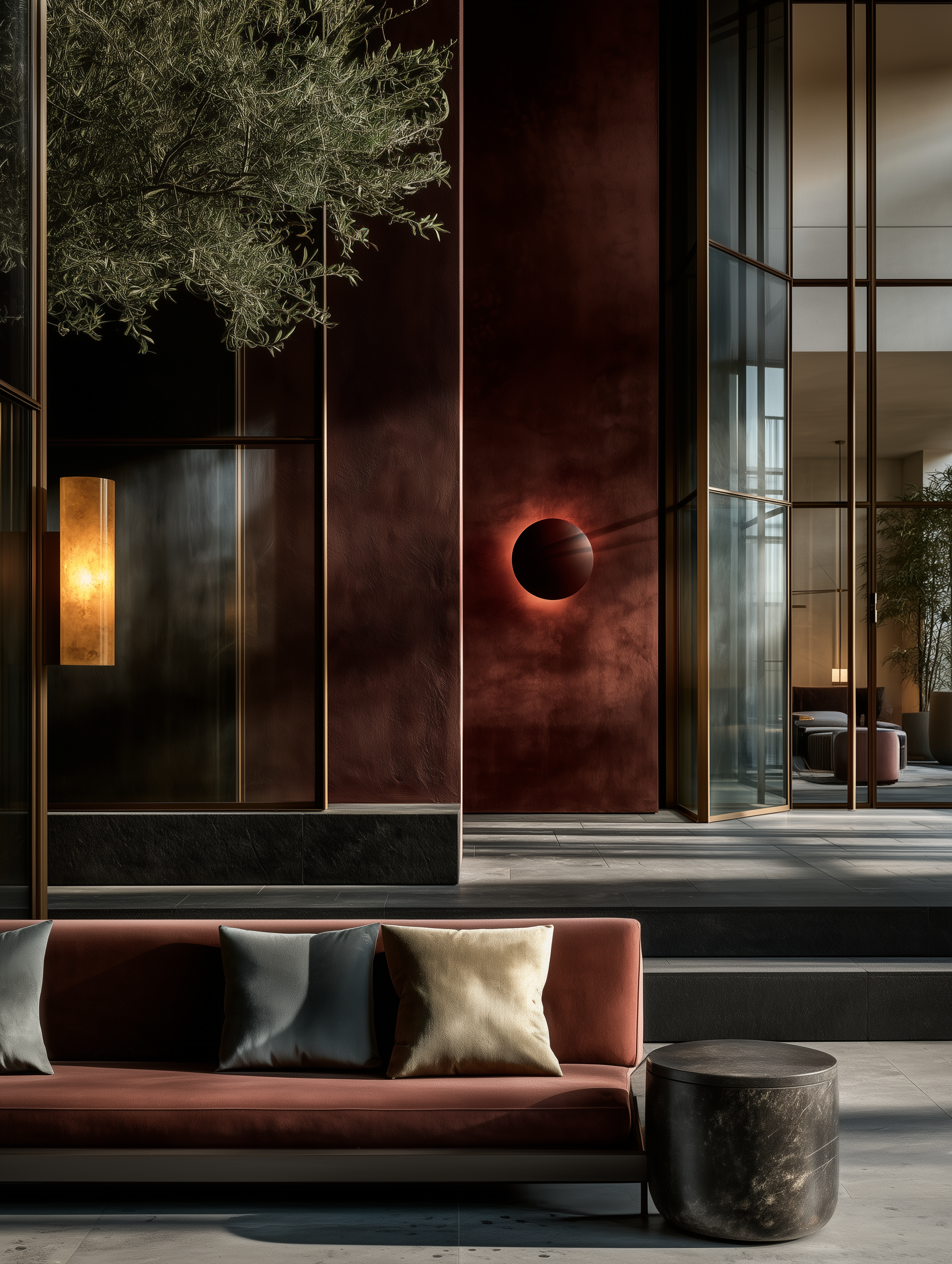 Modern living room interior with a deep red sofa topped with beige and dark green pillows. A black marble side table is next to the sofa. The background features large glass walls with gold framing, reflecting trees and furniture inside. On the deep red wall, a spherical black wall lamp emits a red glow, and some greenery is visible in the upper left corner.