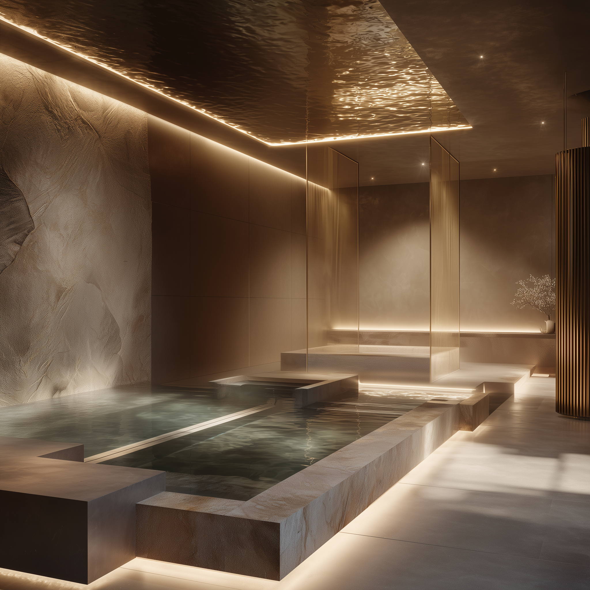 Hydrotherapy room with hot and cold plunge pools, natural stone finishes, perimeter lighting and reflective ceiling