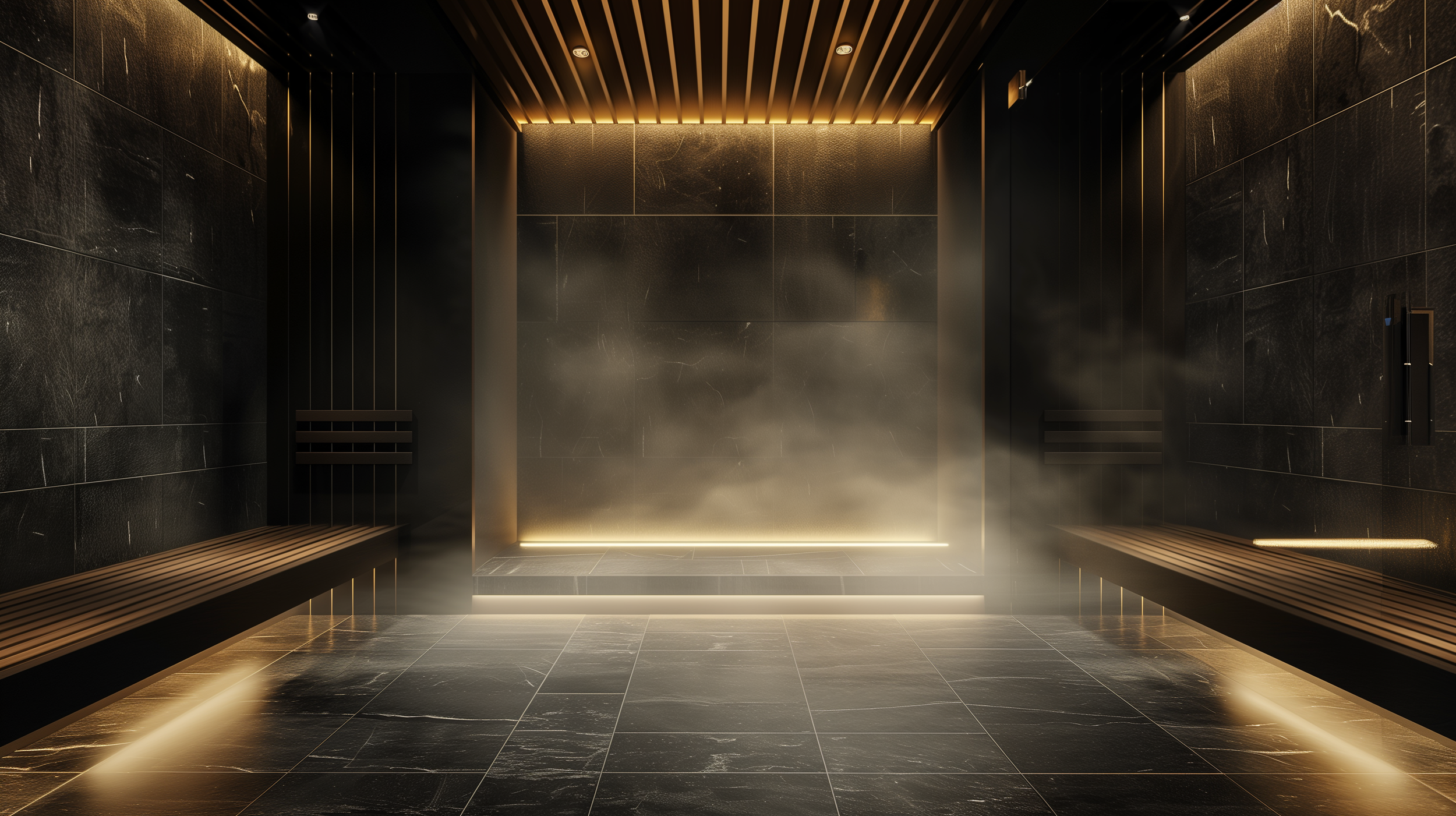 Dark stone steam room with warm perimeter lighting, minimalist benches and executive recovery atmosphere