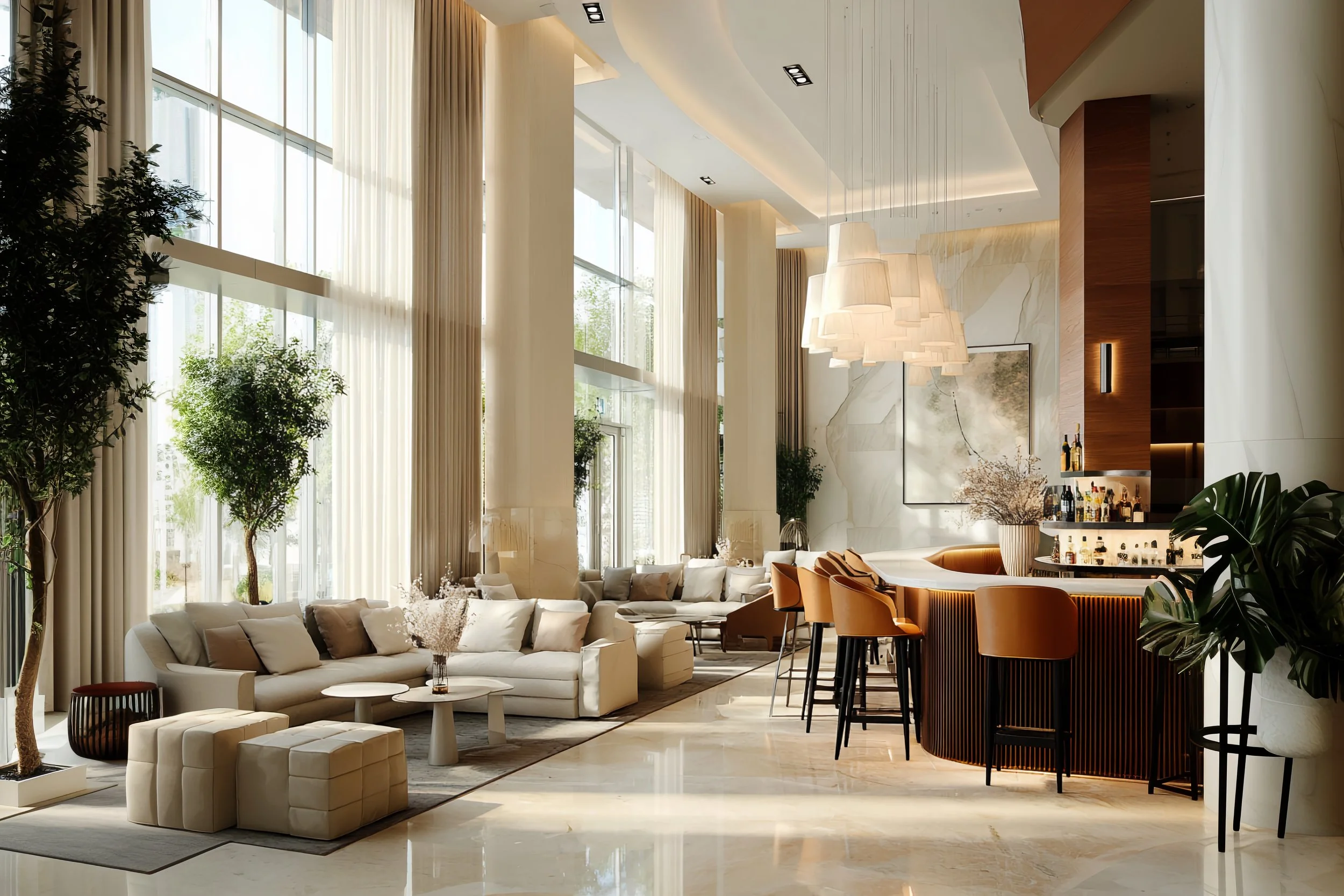 This elegant lobby interior concept illustrates Atelier DesignArt’s expertise in boutique hotel interiors, hospitality design, and international branding, adaptable to both French and Italian boutique hotel contexts.