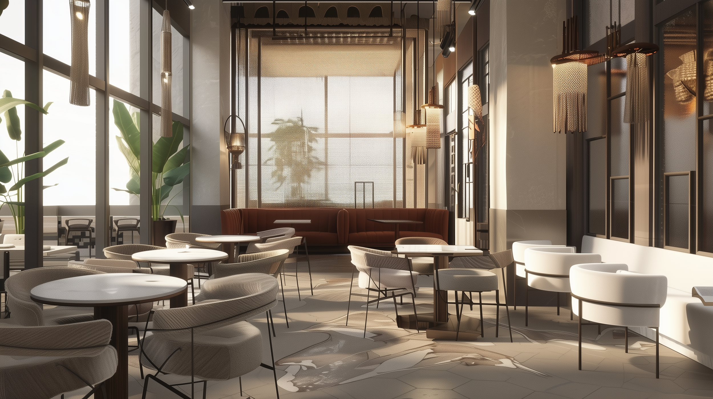 Modern bar with a curved wooden counter, hanging textured pendant lights, and stools. Light-colored flooring, large windows, and indoor plants are visible.