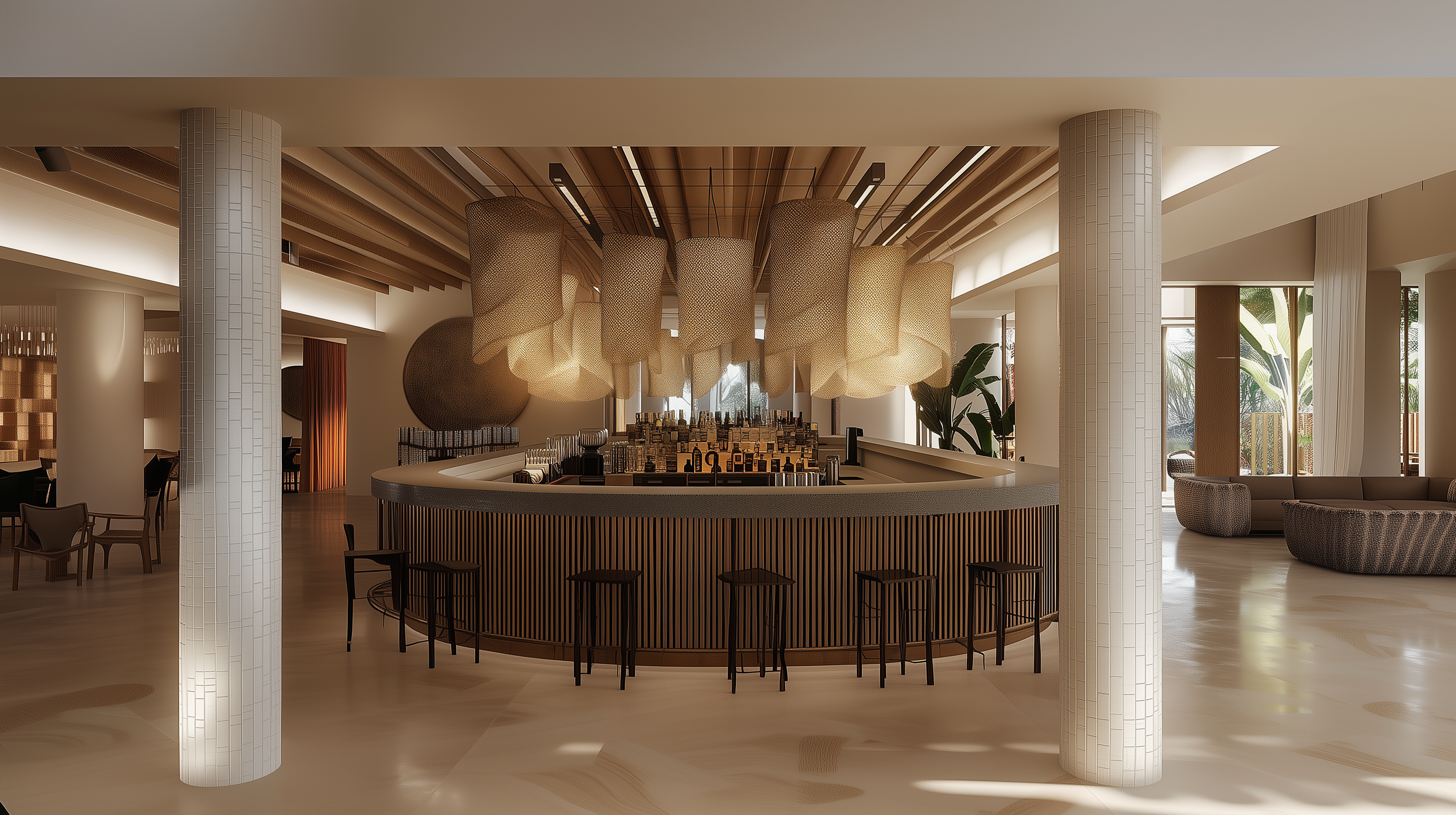 Hospitality bar concept with sculptural mesh lighting and warm architectural atmosphere