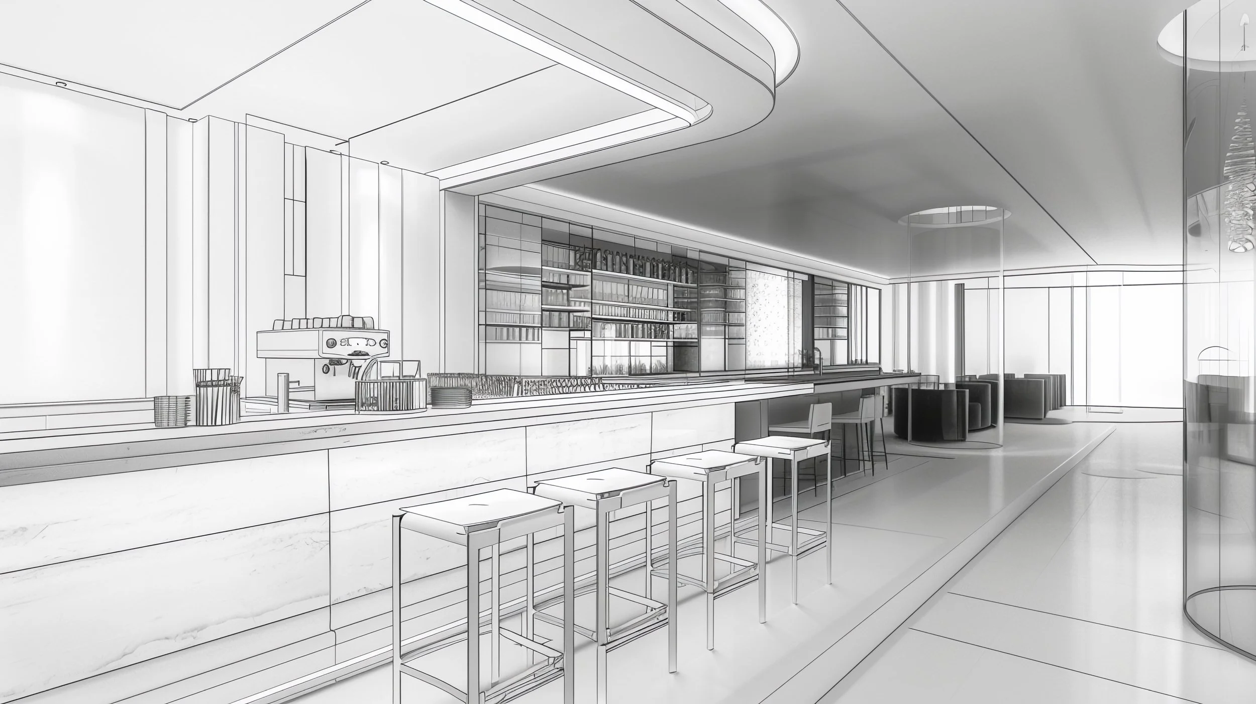Line drawing of a modern, minimalist bar interior with high chairs at the counter, bar shelves with glassware and bottles, and seating areas with curved chairs and tables.