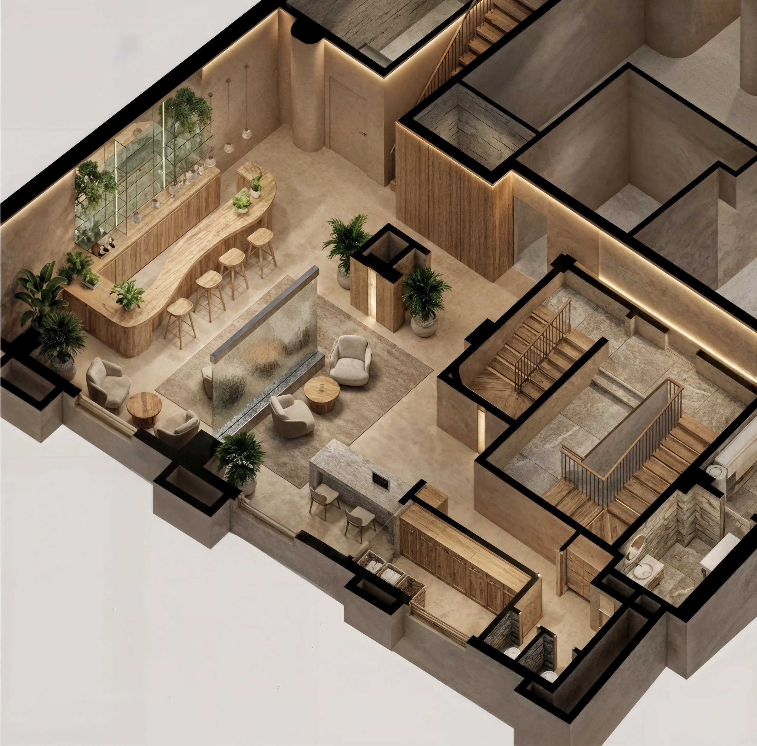 Isometric hospitality wellness space planning with treatment zones and warm natural materials