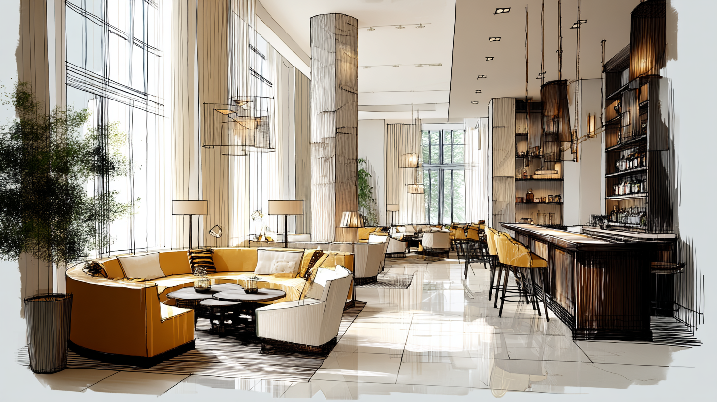 A modern, well-lit hotel lobby with large windows, comfortable yellow and white seating, a bar area with yellow chairs, and decorative hanging pendant lights.