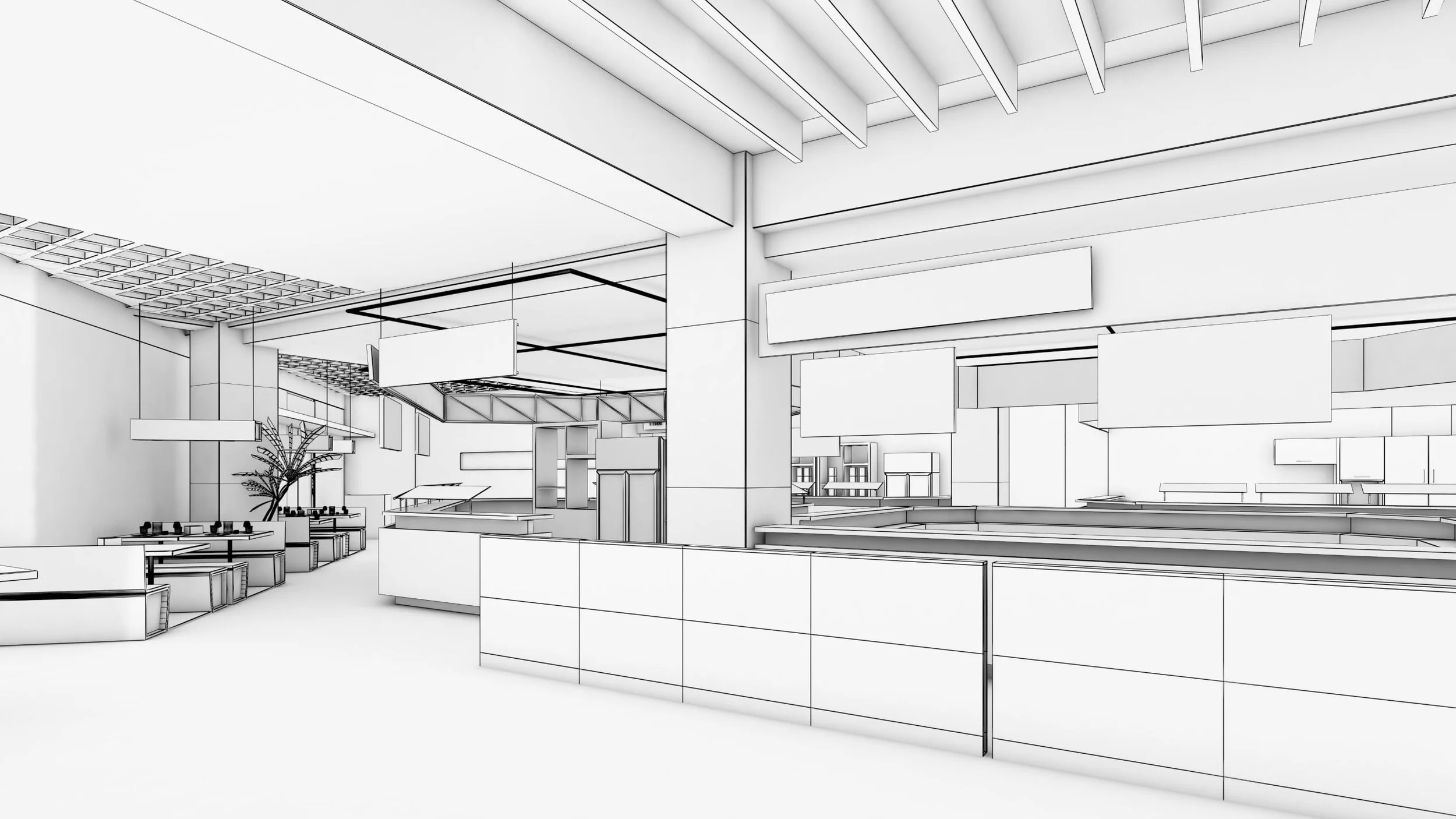 Line drawing of a modern, minimalist restaurant interior with tables, chairs, display screens, and decorative plants.