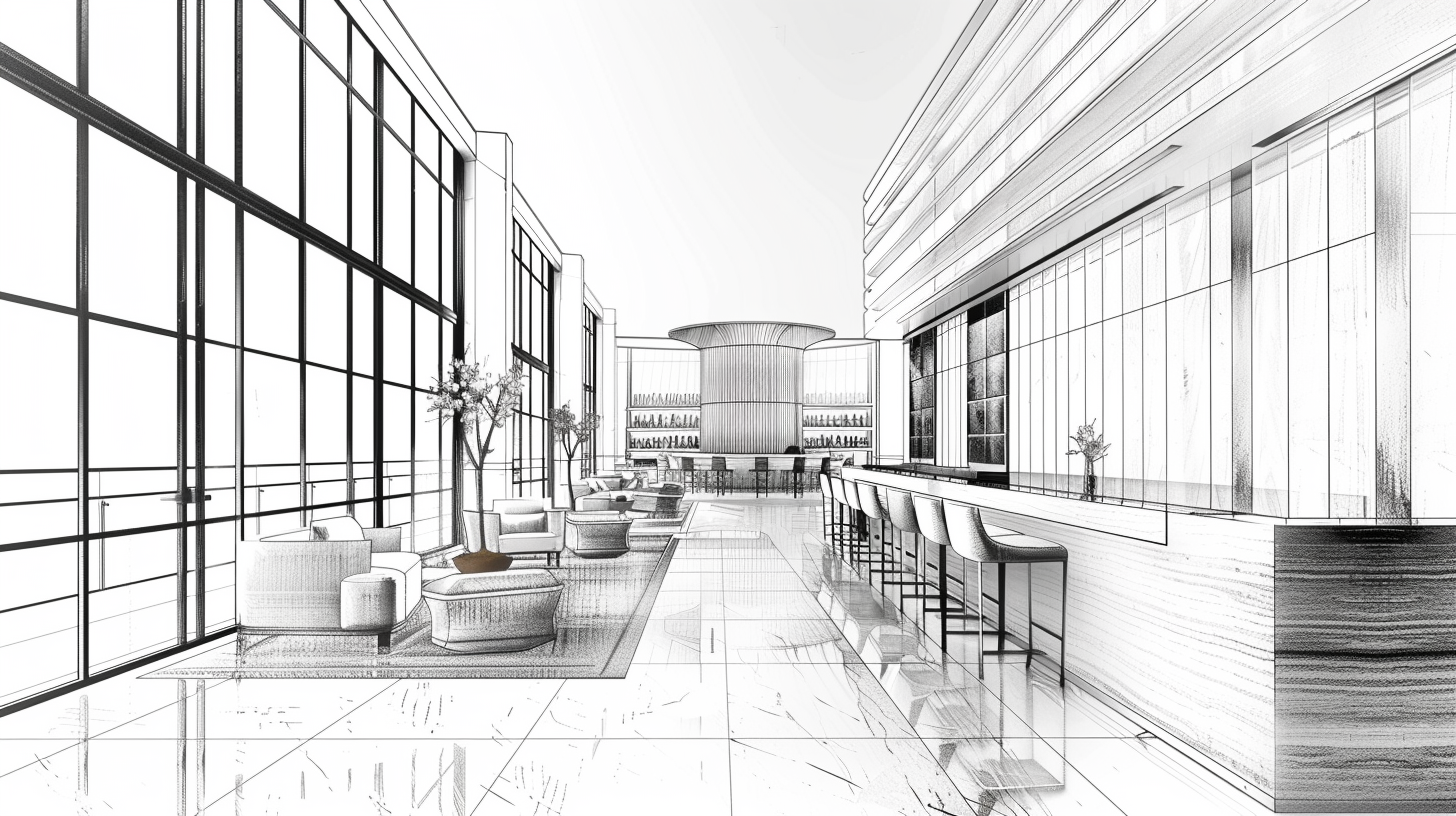 Sketch of a modern hotel lobby with seating area, bar counter, large windows, and decorative trees.