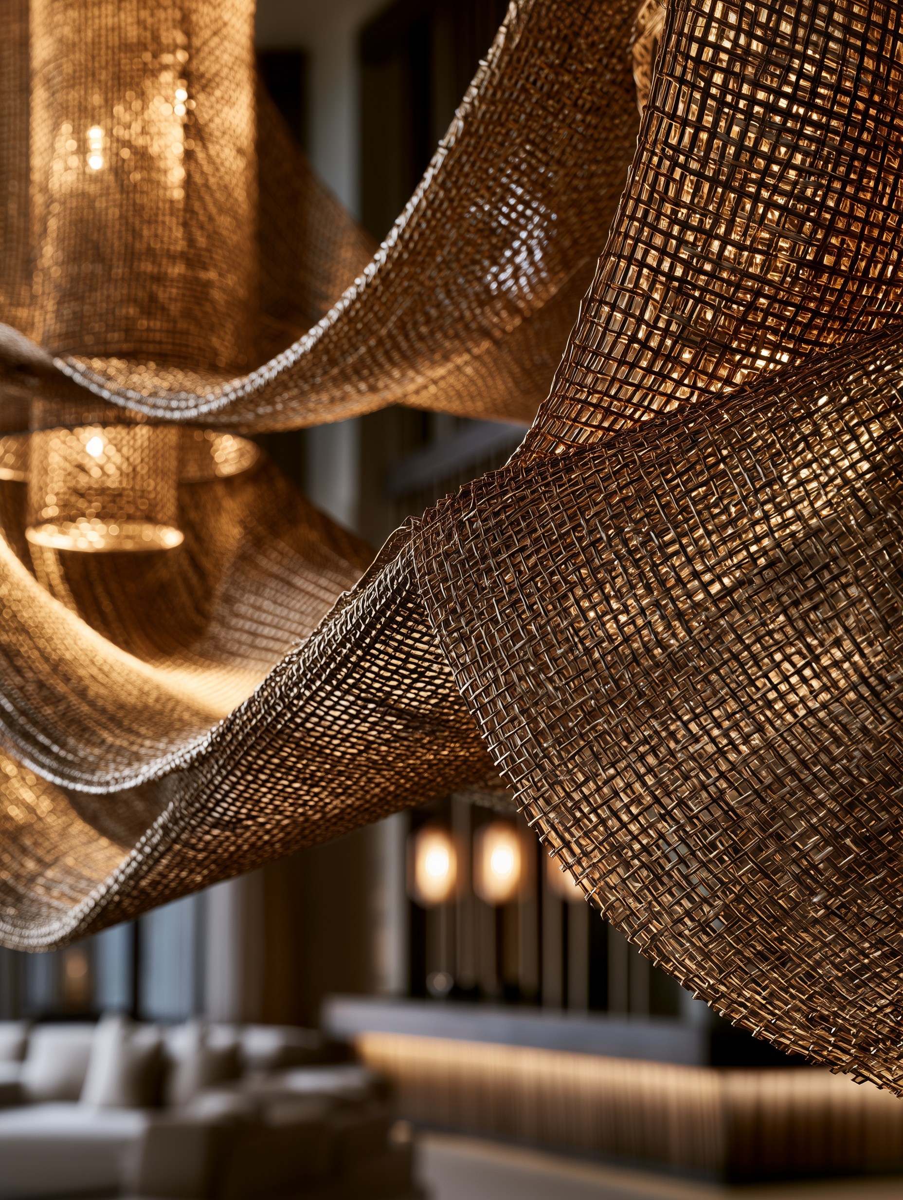 Close-up of ornate, woven, copper-colored metal light fixtures hanging from the ceiling.