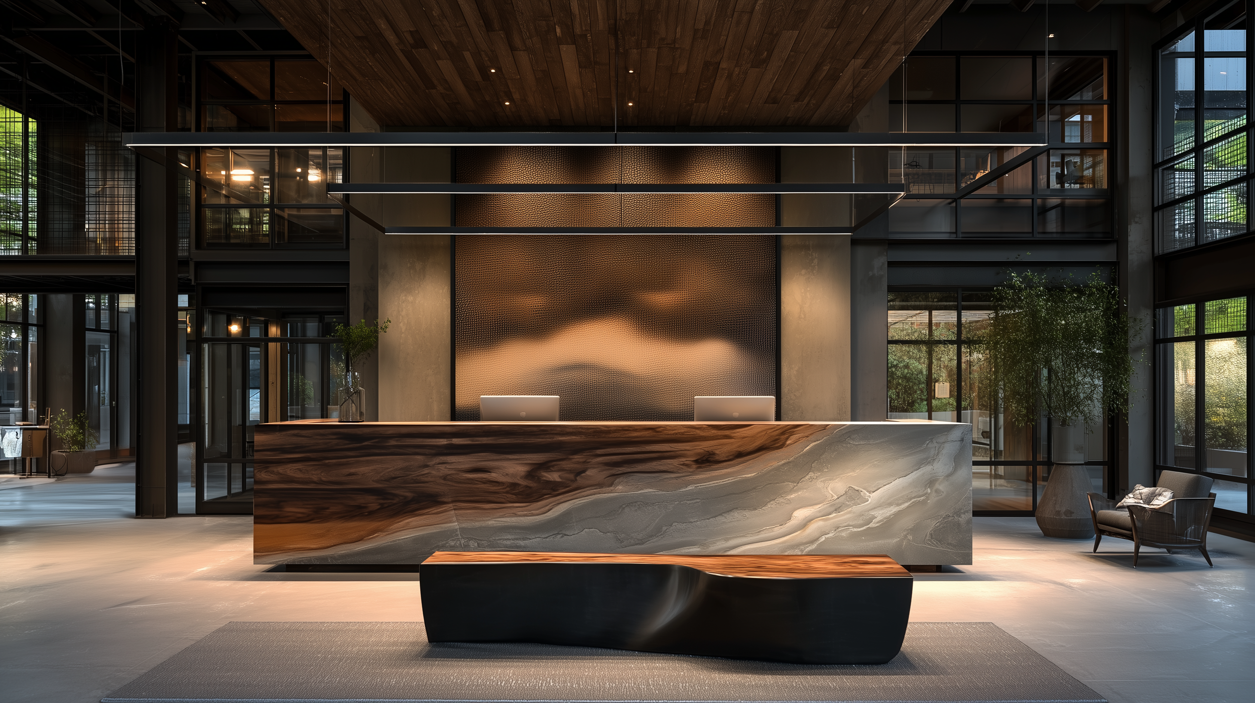 Premium wellness club reception with dark wood ceiling, textured wall panels, stone counter and linear LED lighting