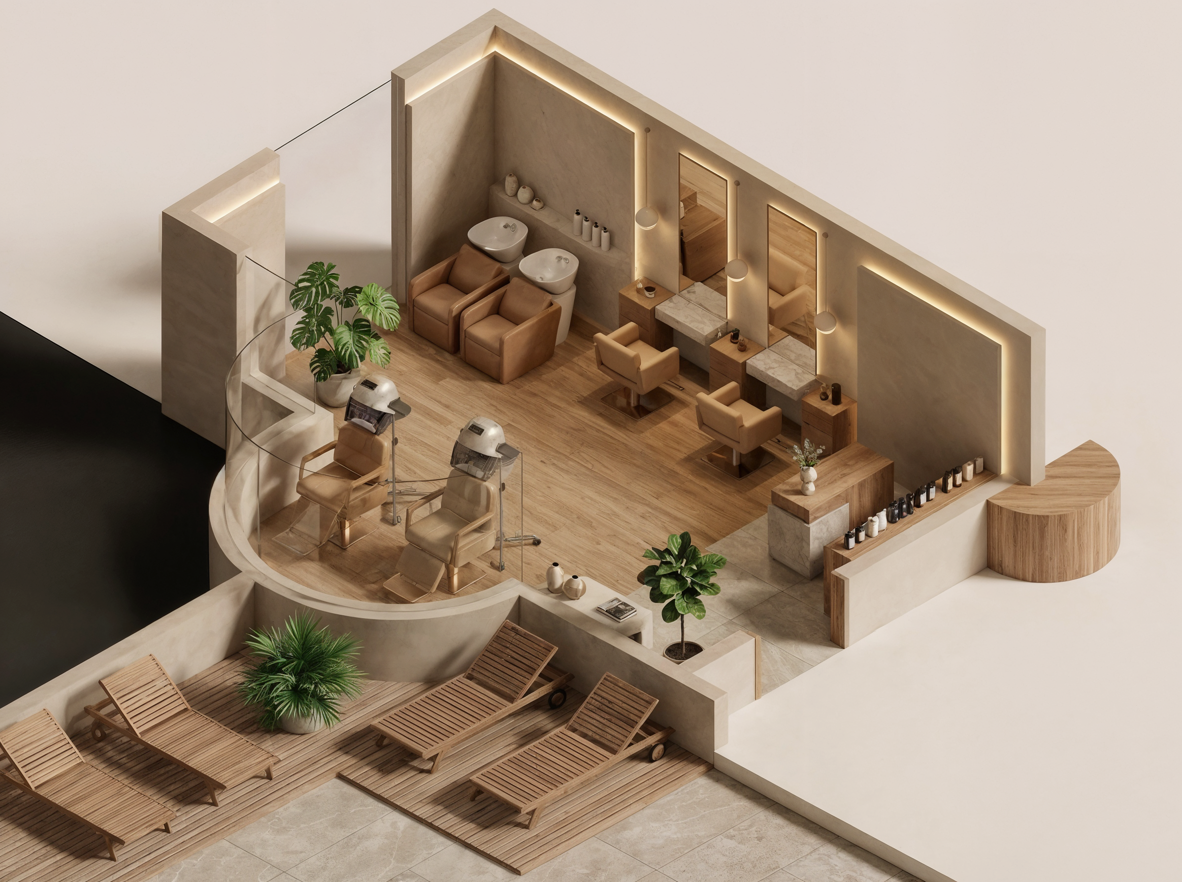 Isometric visualization of a hospitality wellness beauty suite with treatment chairs, styling stations, lounge deck, warm wood and soft architectural lighting