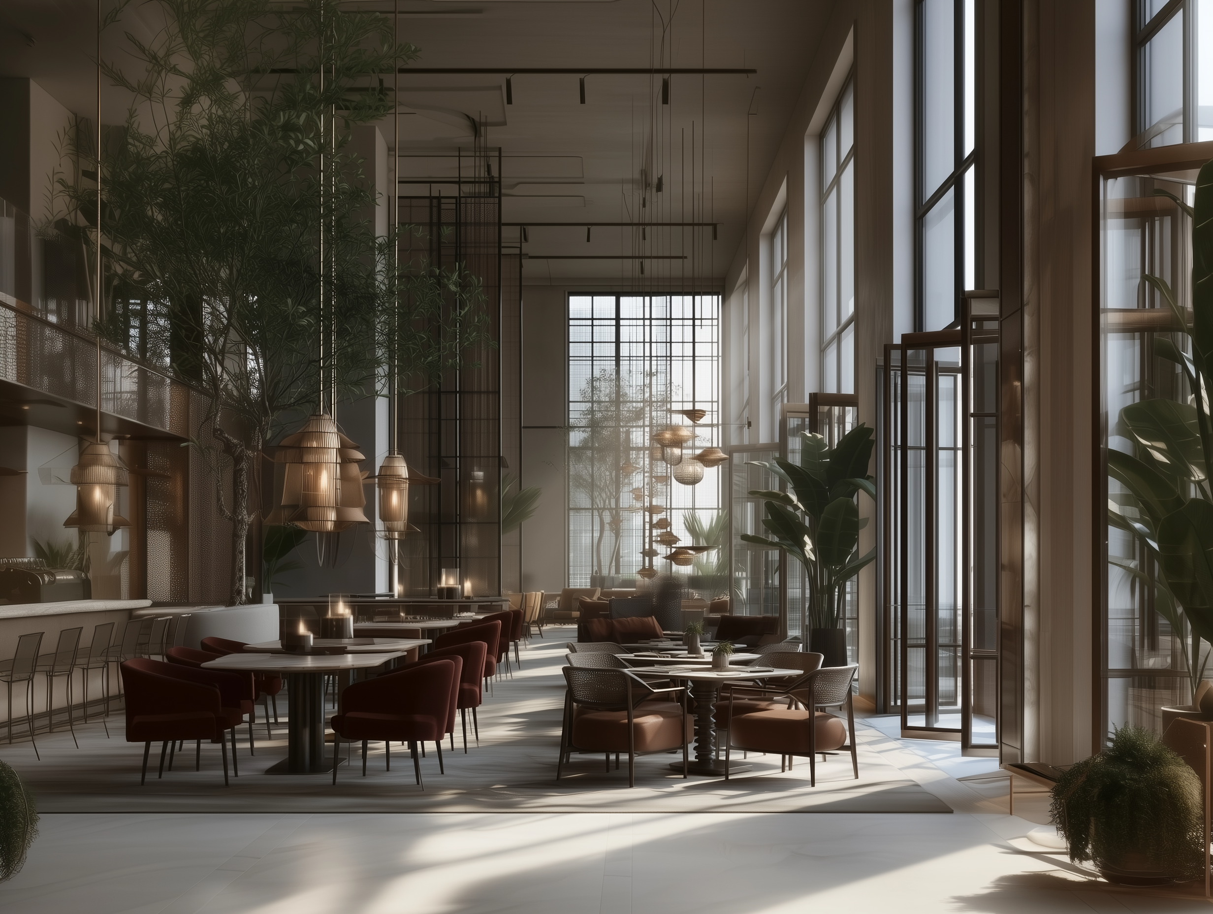 Boutique hospitality dining interior with filtered daylight and layered textures