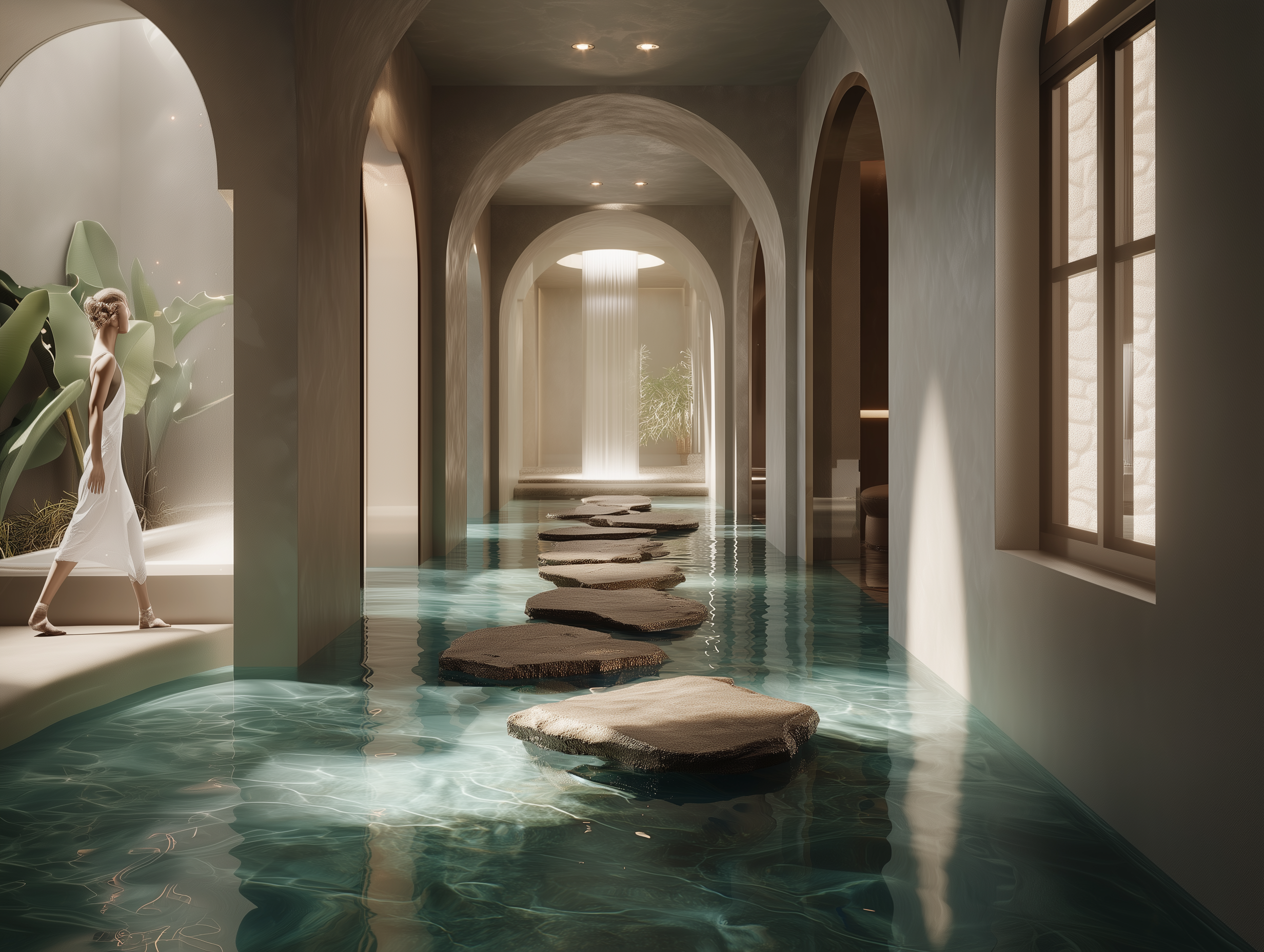 Luxury wellness spa interior with reflective water, stone steps and arched architectural passage
