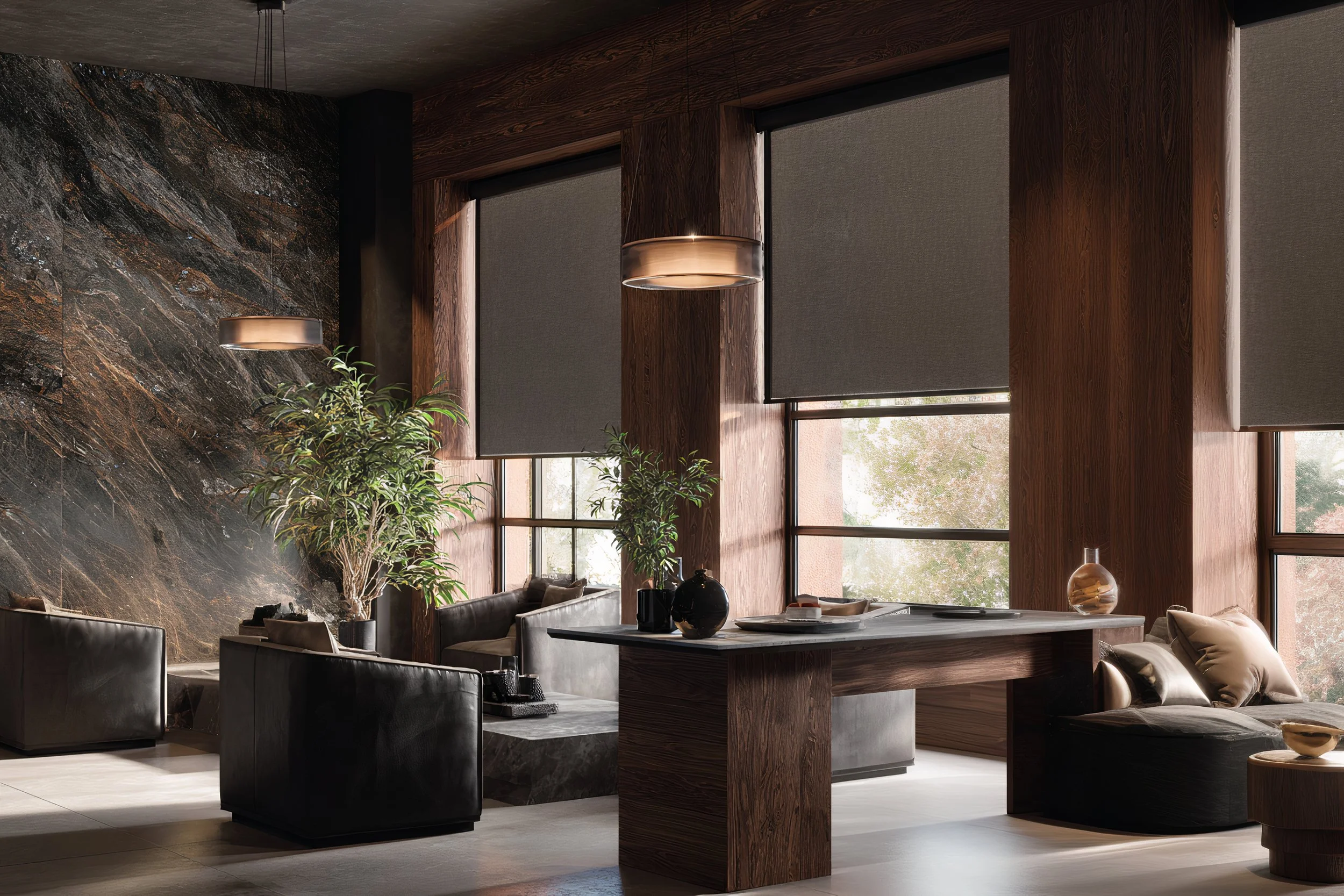 Modern living room with large windows, black leather seating, wooden walls, and decorative vases.