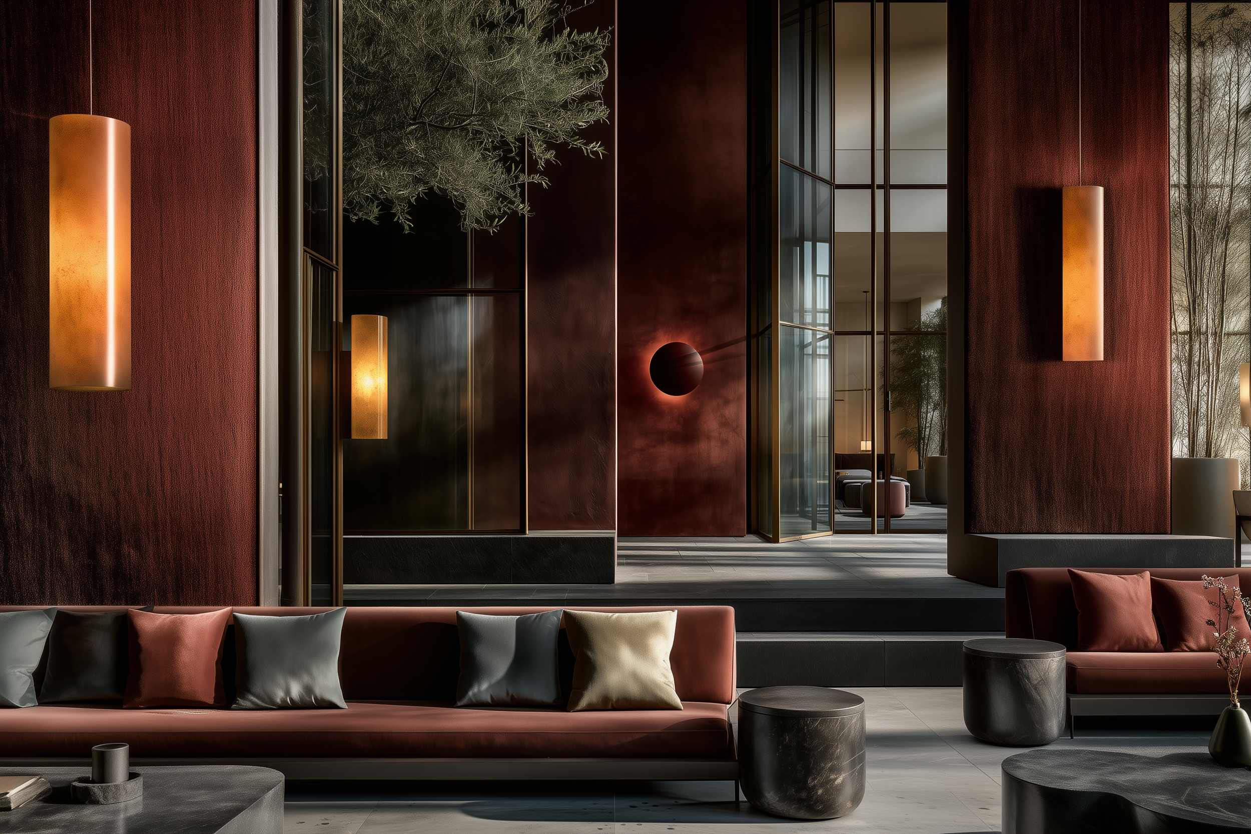 Modern interior of a lobby or lounge with a large window, dark red textured walls, hanging pendant lights, and a sofa with black, beige, and red cushions. There are black round side tables and visible outdoor trees through the window.