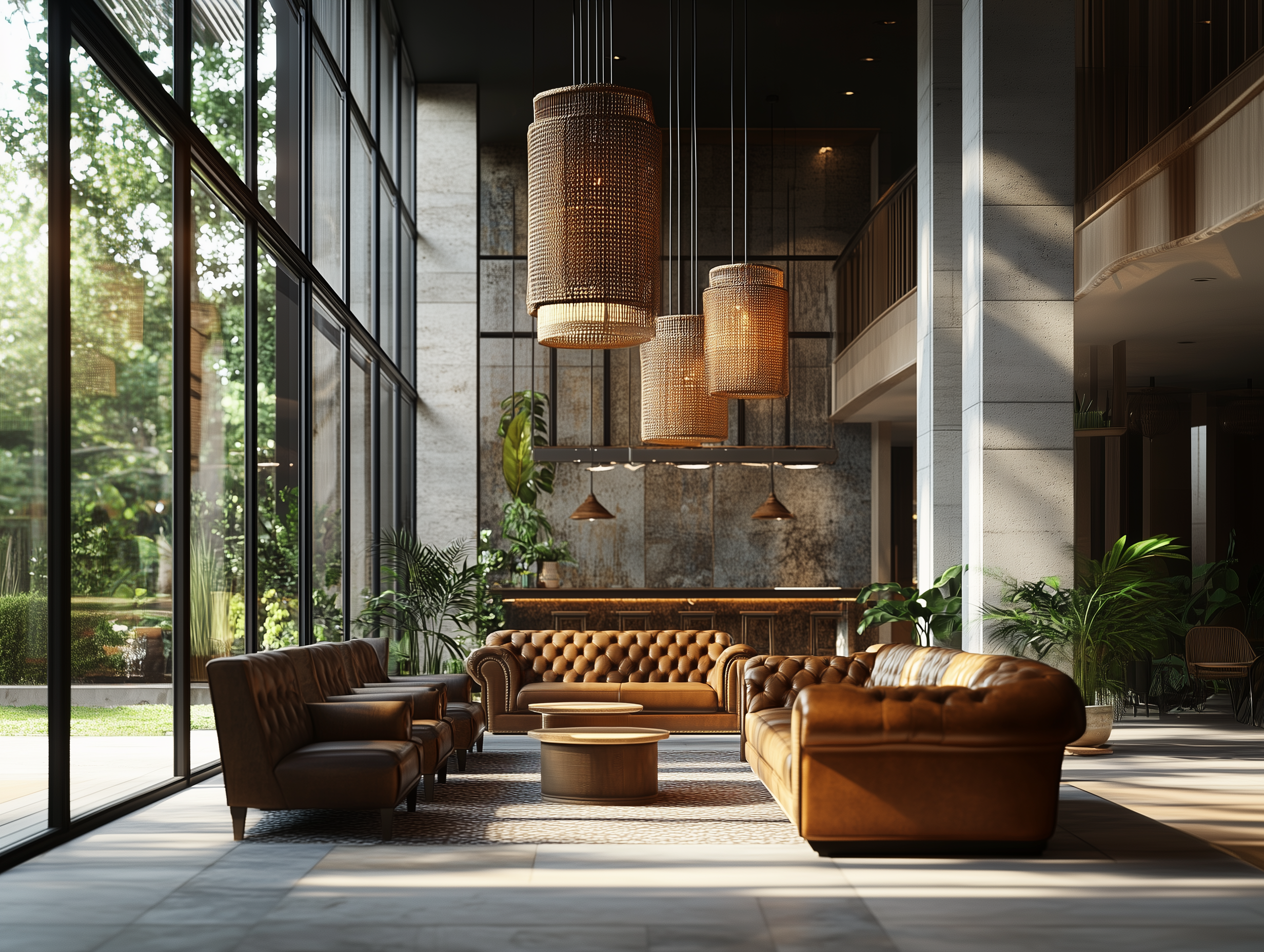 Modern hotel lobby with leather sofas, large glass windows, hanging woven light fixtures, and greenery.