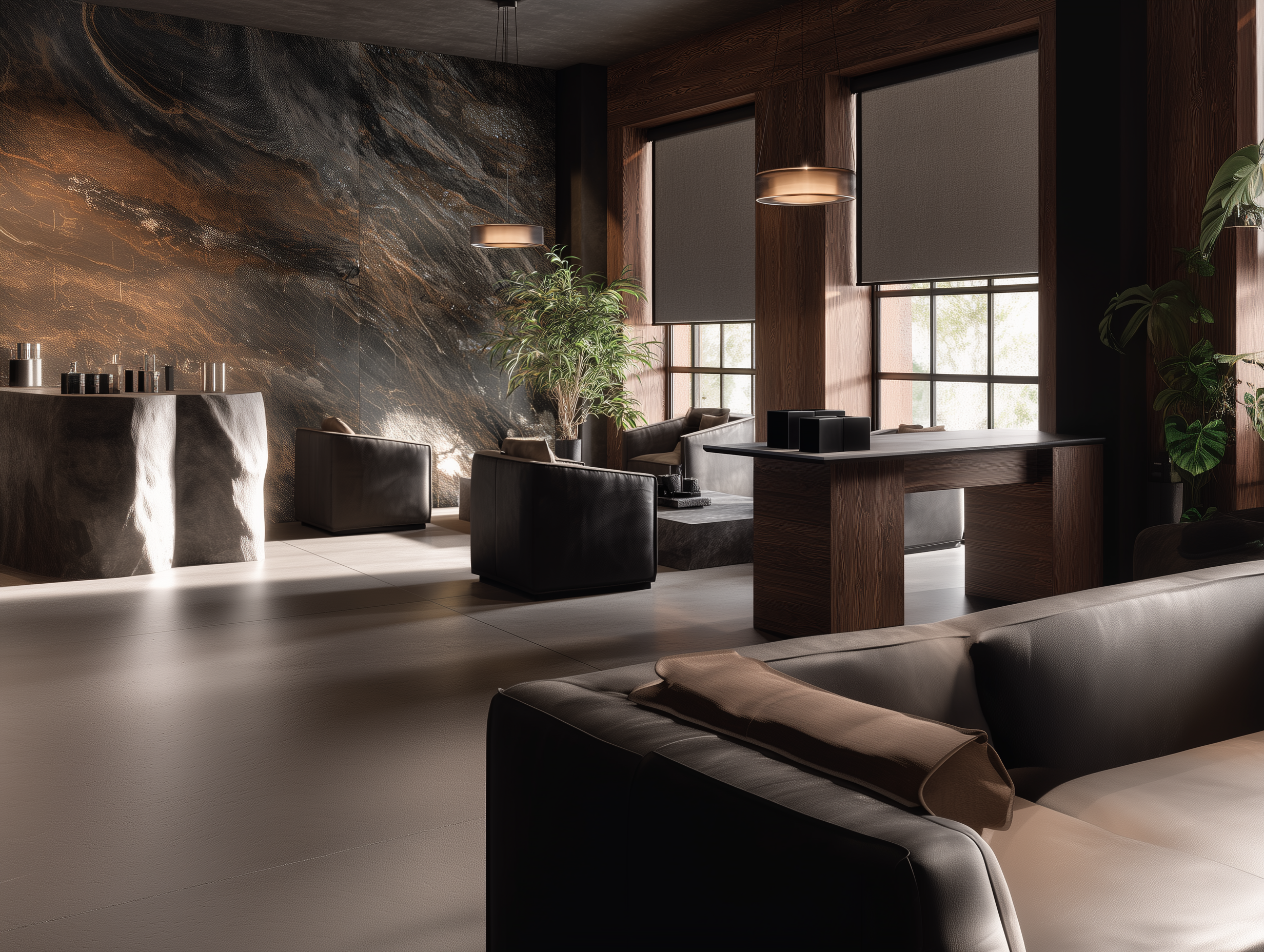 Healthy bar and lounge seating area in a premium wellness club with natural materials, greenery and warm lighting