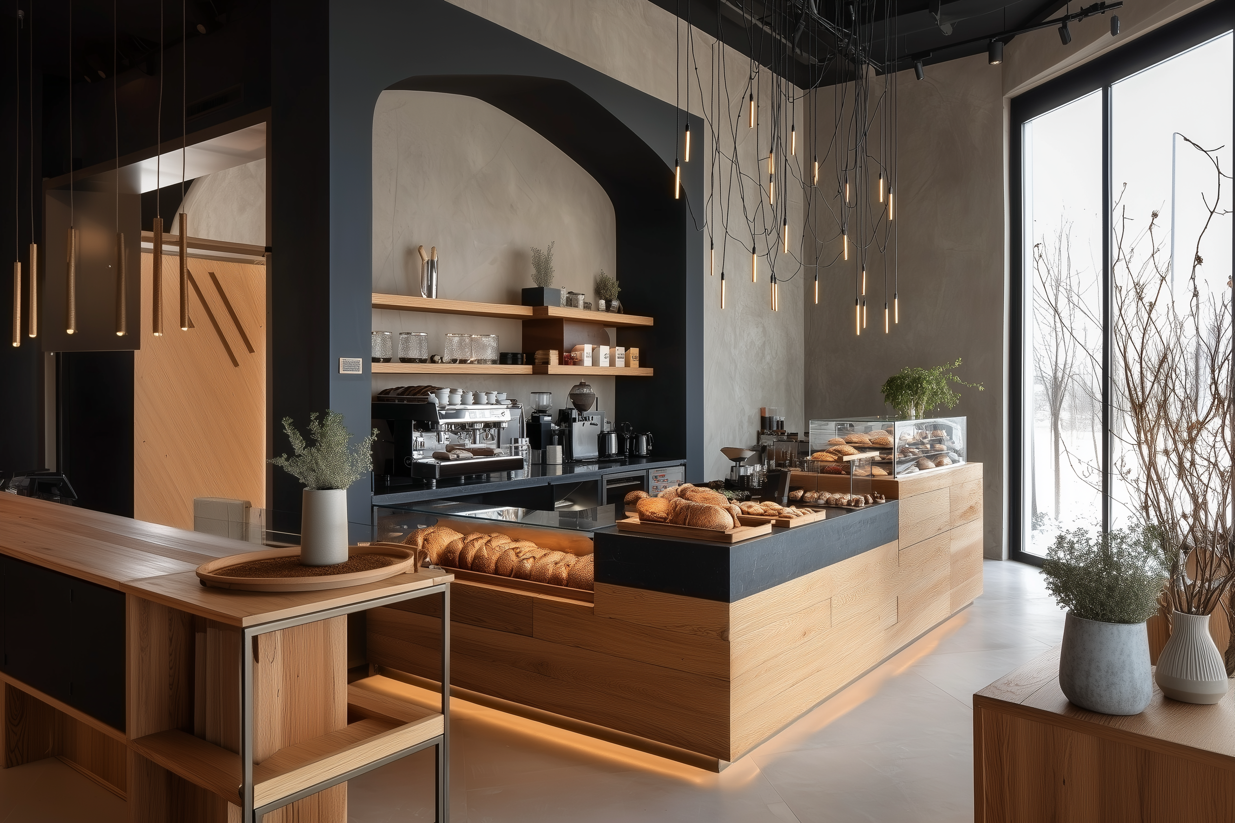 Modern bakery cafe interior with wooden display counter of baked goods, large windows, and minimalistic decor.