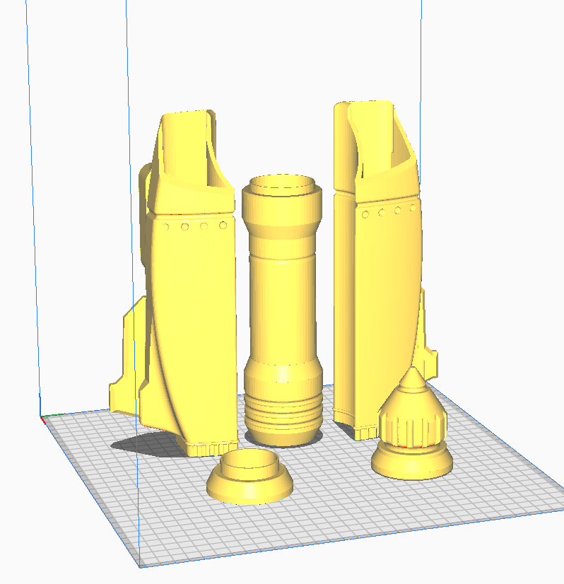 3D model of printable Jetpack in yellow, standing upright on a print machine platform inside a digital workspace.