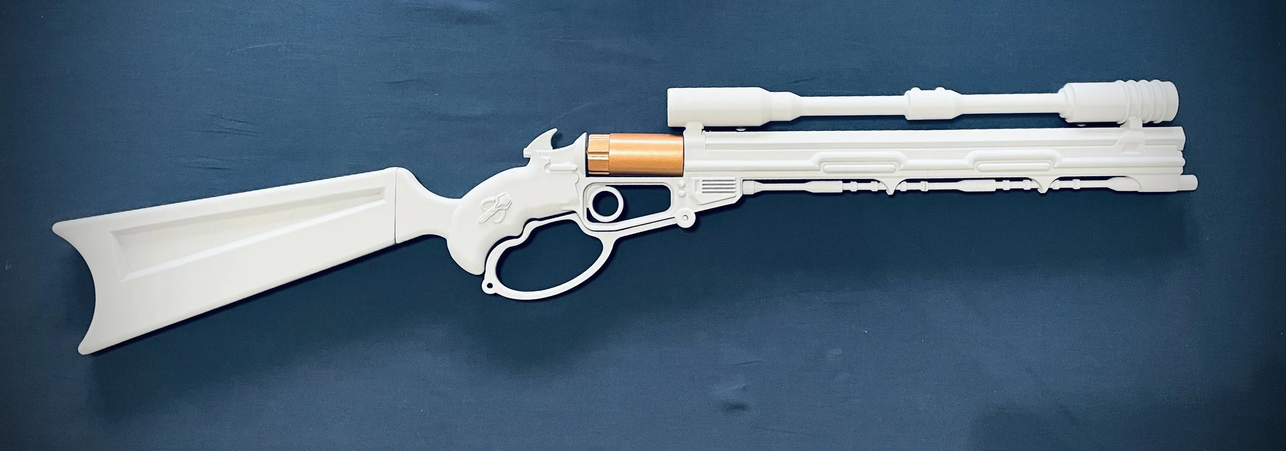 Partially finished 3D Printed Lever Action Rifle for cosplay. Wild West costume and science fiction cosplay.