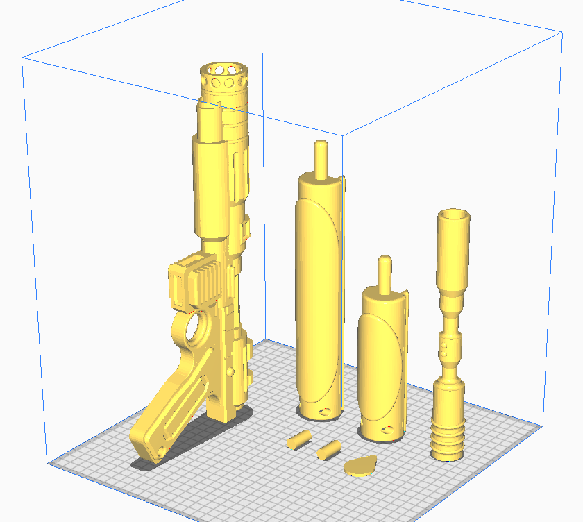 3D model of a yellow cosplay pistol and associated STL File parts shown in digital image on a 3D Printer print bed.