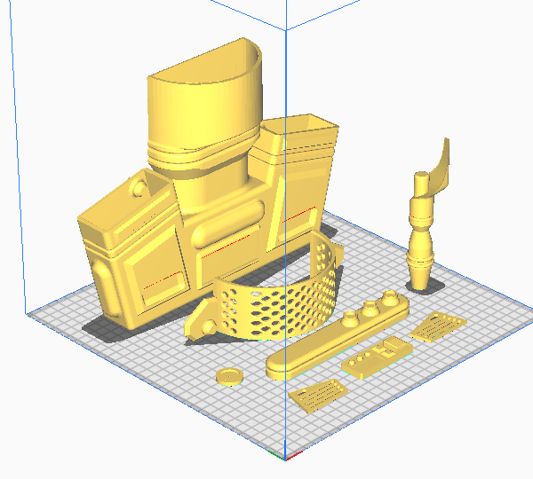 3D printed model parts for Jetpack in recommended position for printing.