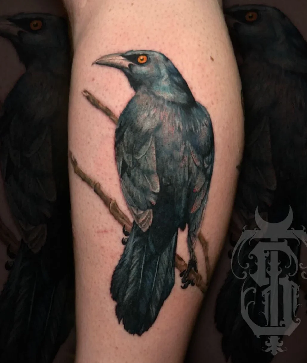 Tattoo of a black crow perched on a branch on a person's arm.