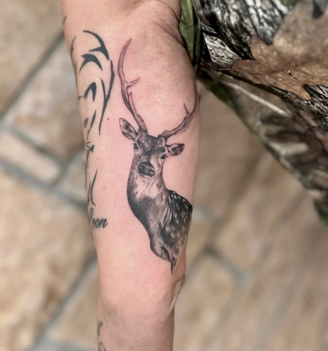 Tattoo of a deer with antlers on a person's arm.
