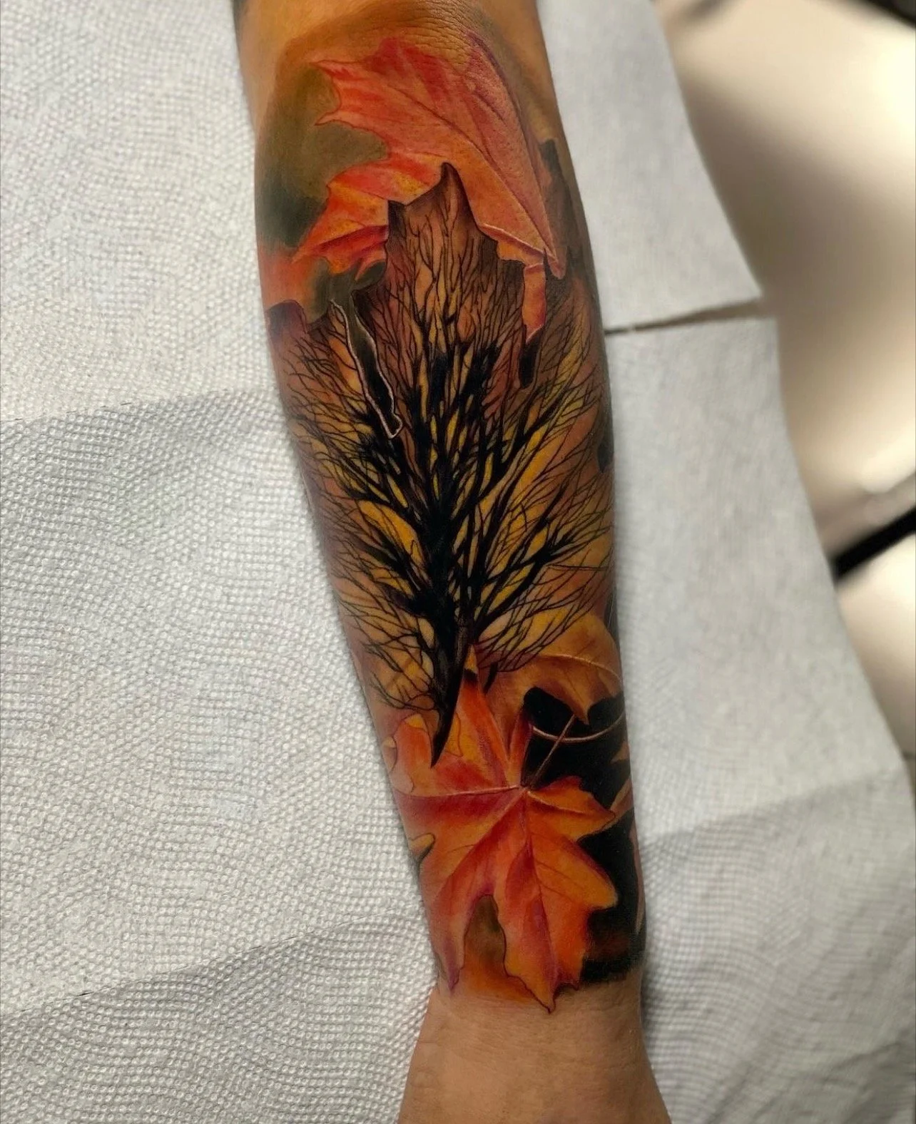 Tattoo of a black tree with intricate branches on an arm, surrounded by colorful autumn leaves in shades of orange, red, and yellow.