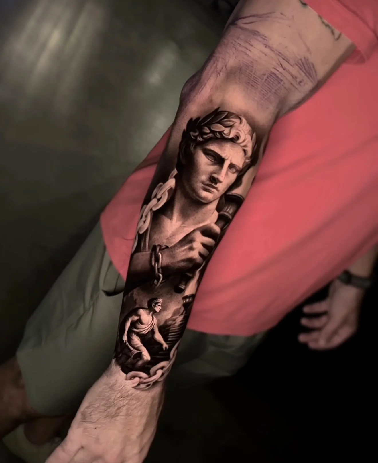 To be continued ⛓️ WIP of a sleeve @tattoosbymartin21 has been working on&hellip;can&rsquo;t wait to see the end result! ⛓️&zwj;💥 #facesinthedarktattoo #blackandgrey #stencilstuff #redemptiontattoocare #texastattooartist