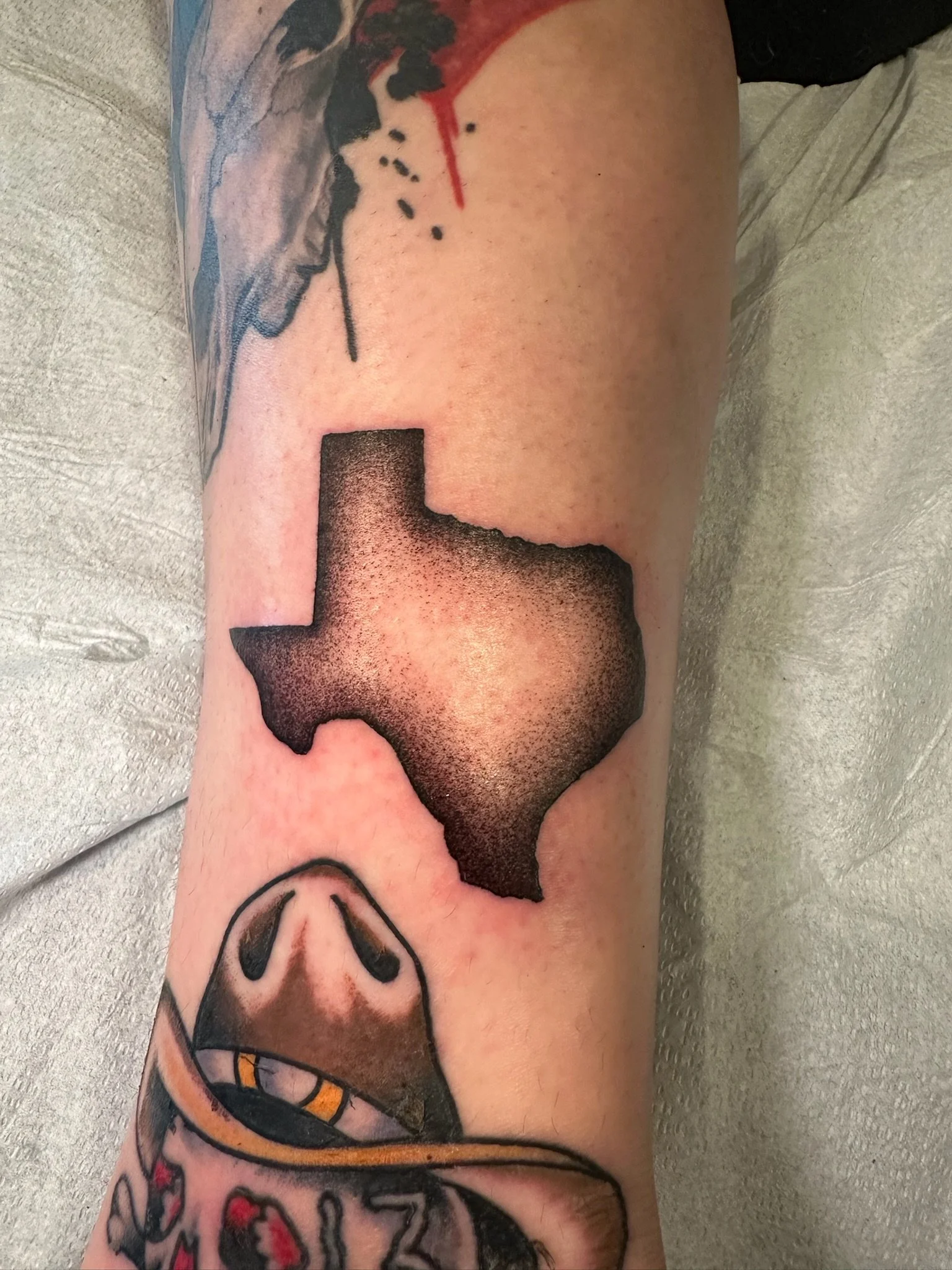 Tattoo of the state of Texas on a person's leg, with a realistic depiction of a pig's nose and a cowboy hat below.