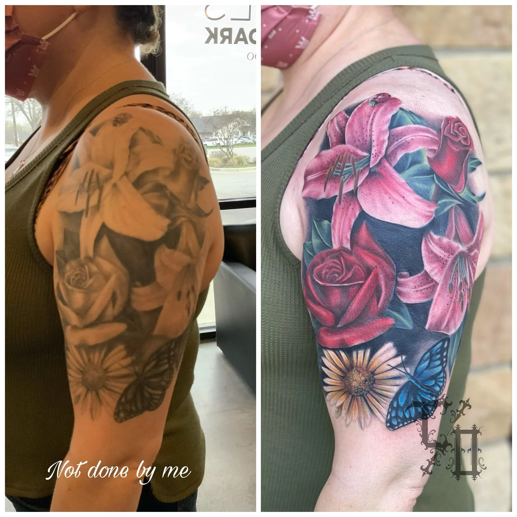 Side view of a person's upper arm with a colorful floral and butterfly tattoo, wearing an olive green sleeveless top.